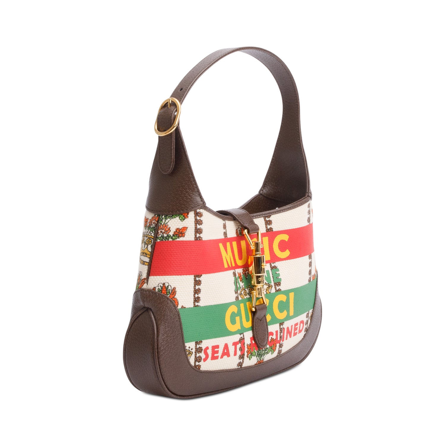 Gucci Neutral & Multicolor Music Is Mine Canvas Brown Leather Trim Small Jackie 1961 Shoulder Bag w/ Strap