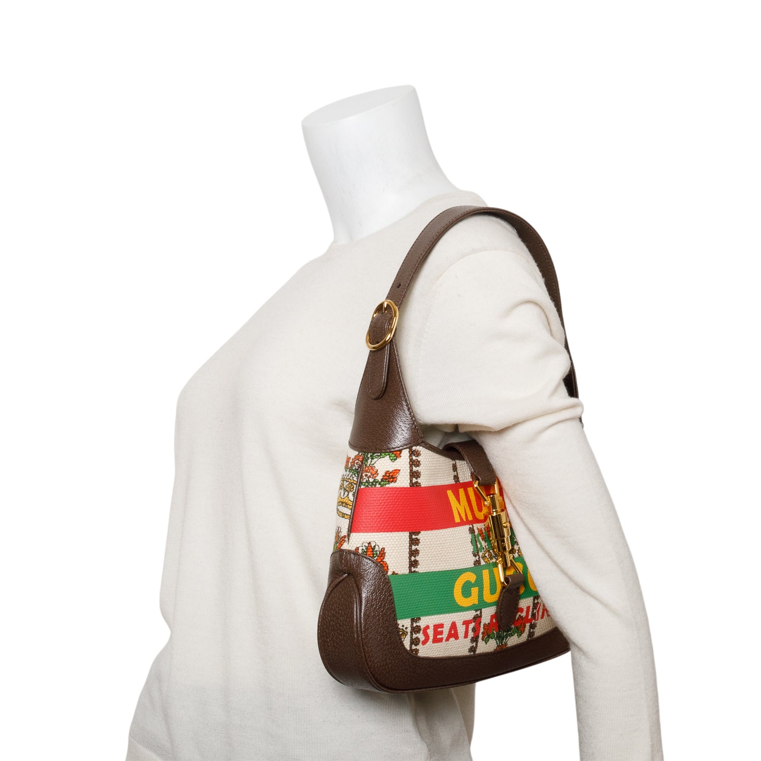 Gucci Neutral & Multicolor Music Is Mine Canvas Brown Leather Trim Small Jackie 1961 Shoulder Bag w/ Strap