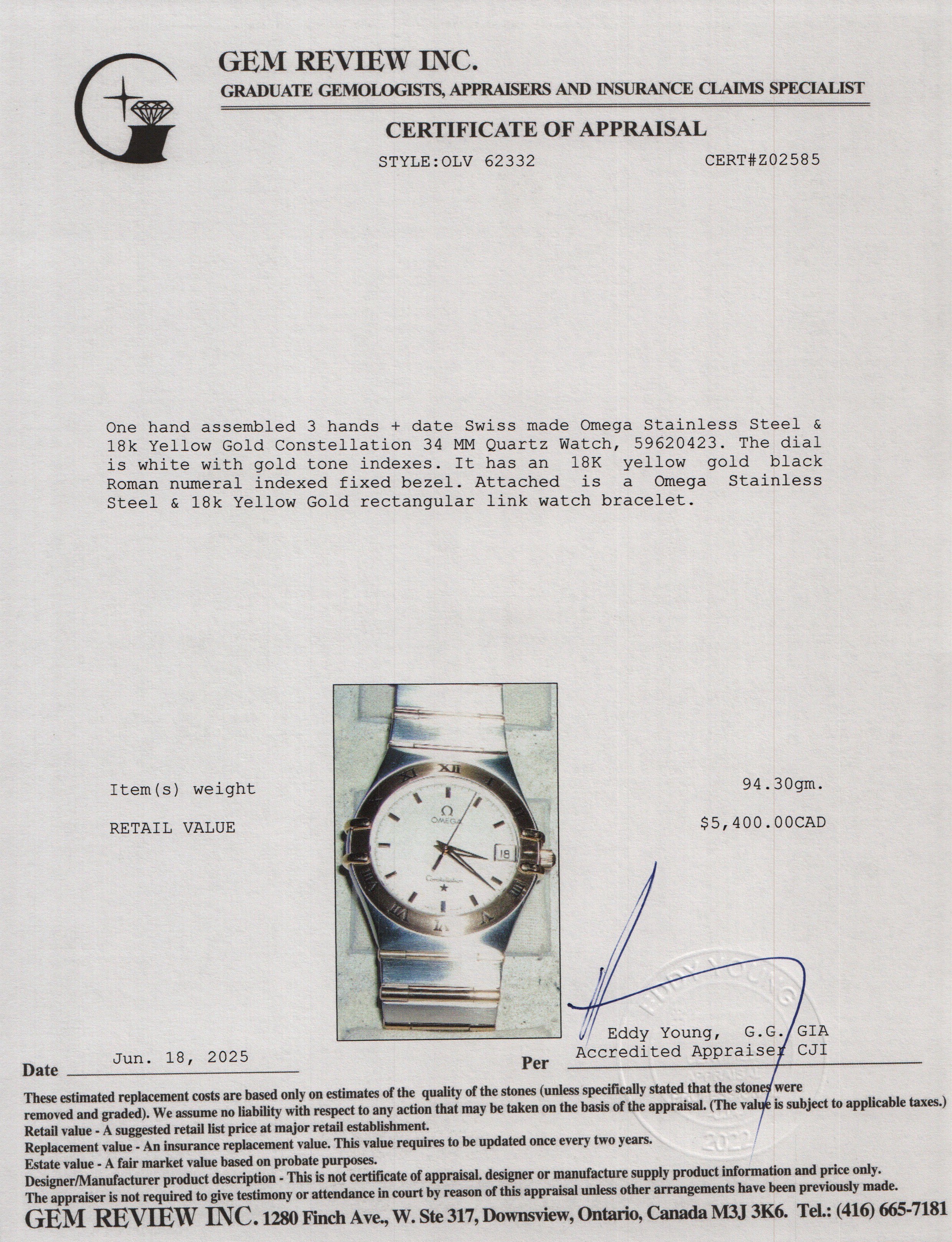 Omega Stainless Steel & 18k Yellow Gold Constellation 34 MM Quartz Watch w/ Box & Papers