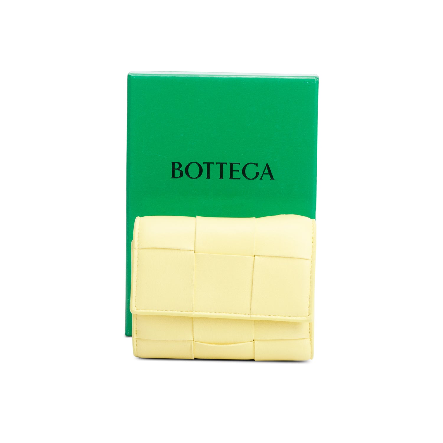 Bottega Veneta Yellow Intreccio Nappa Leather Cassette Tri-Fold Zip Wallet w/ Box