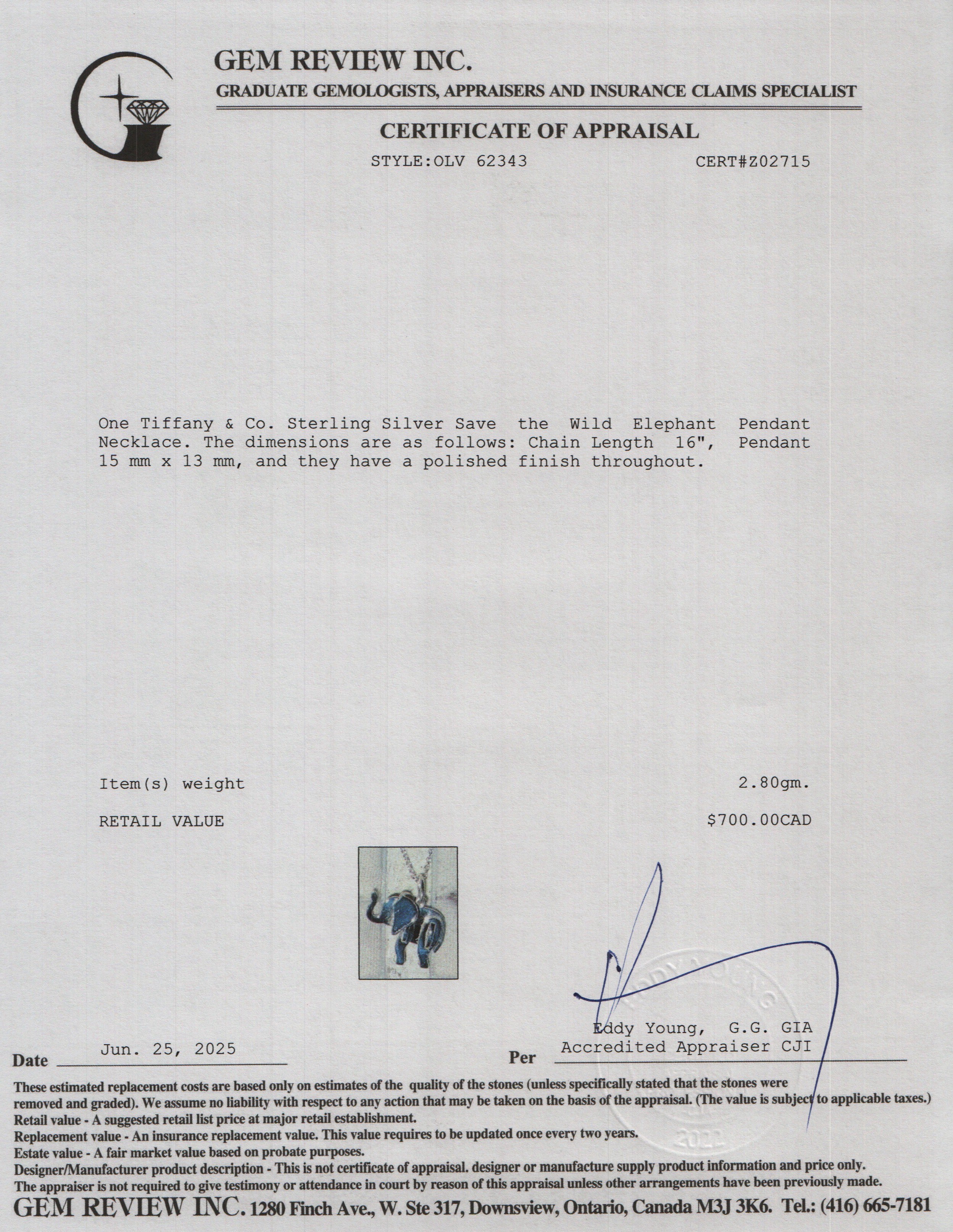 Tiffany & Co. Sterling Silver Save the Wild Elephant Pendant Necklace