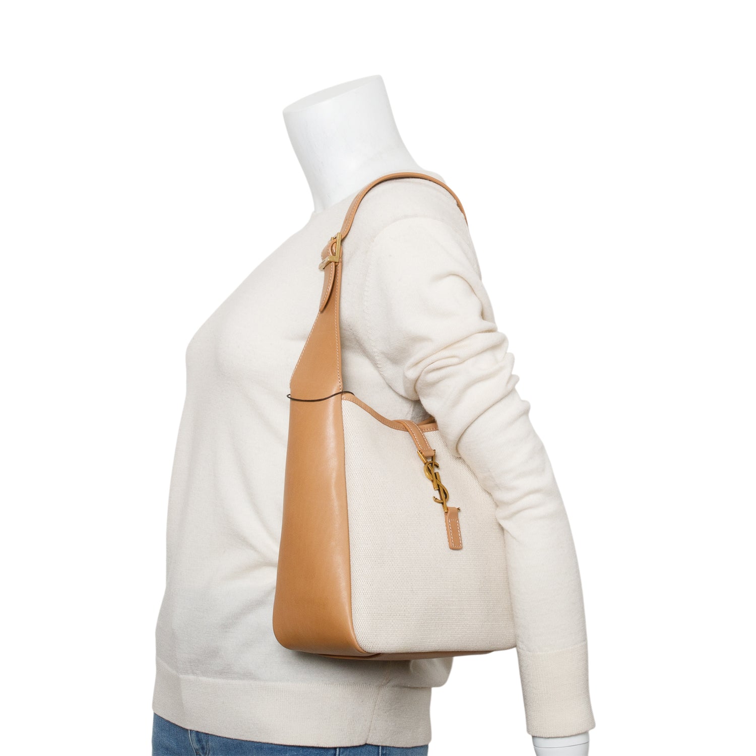 Saint Laurent 2023 Beige Smooth Calfskin Leather & Natural Canvas Small Le 5 a 7 Hobo Bag