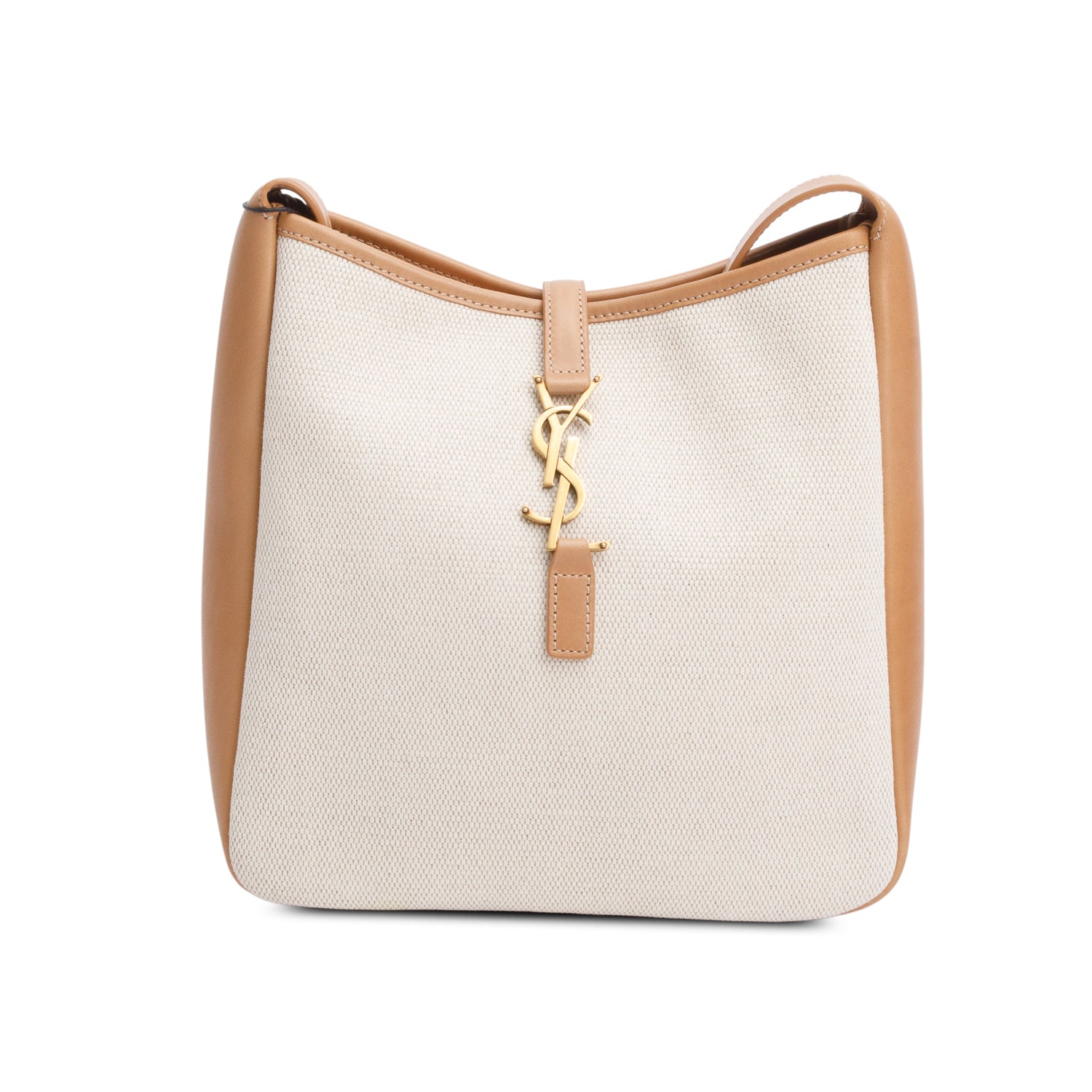 Saint Laurent 2023 Beige Smooth Calfskin Leather & Natural Canvas Small Le 5 a 7 Hobo Bag