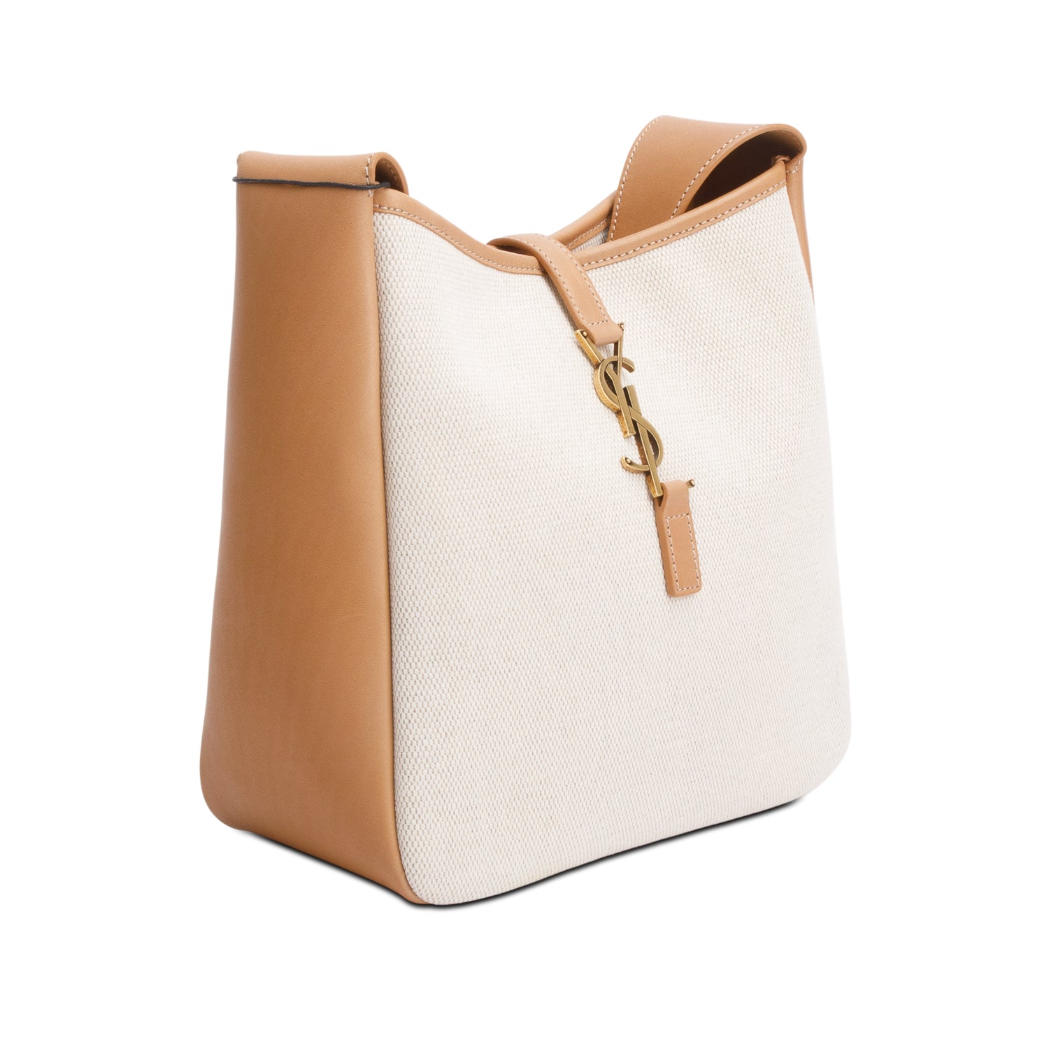 Saint Laurent 2023 Beige Smooth Calfskin Leather & Natural Canvas Small Le 5 a 7 Hobo Bag