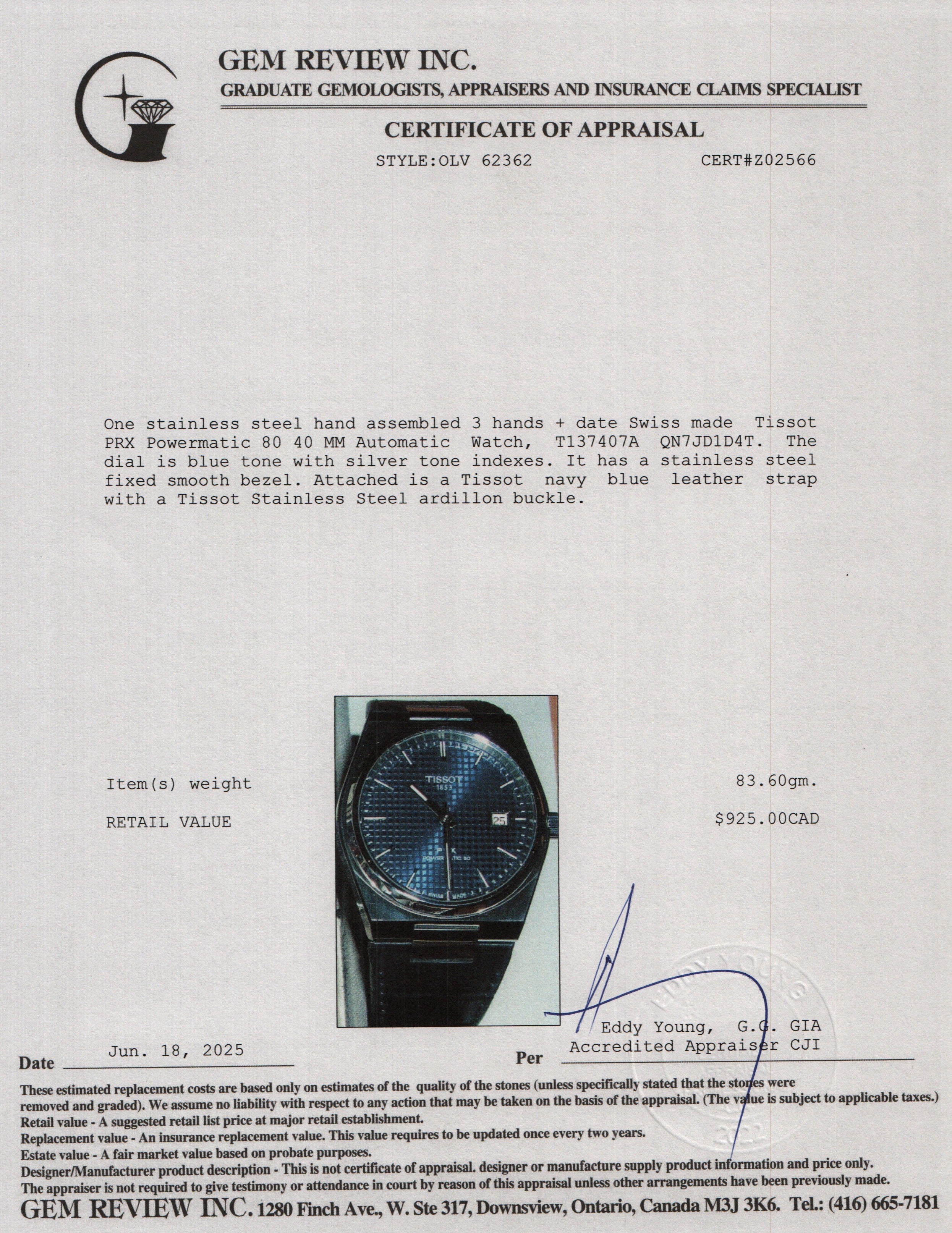 Tissot Stainless Steel PRX Powermatic 80 40 MM Automatic Watch Blue Dial w/ Box & Extra Strap