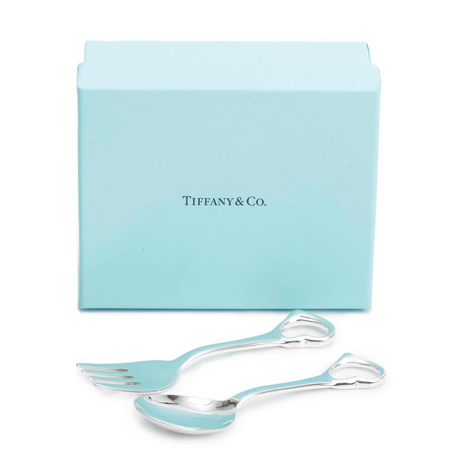 Tiffany & Co. Elsa Peretti Sterling Silver Open Heart Fork & Spoon Baby Set w/ Box