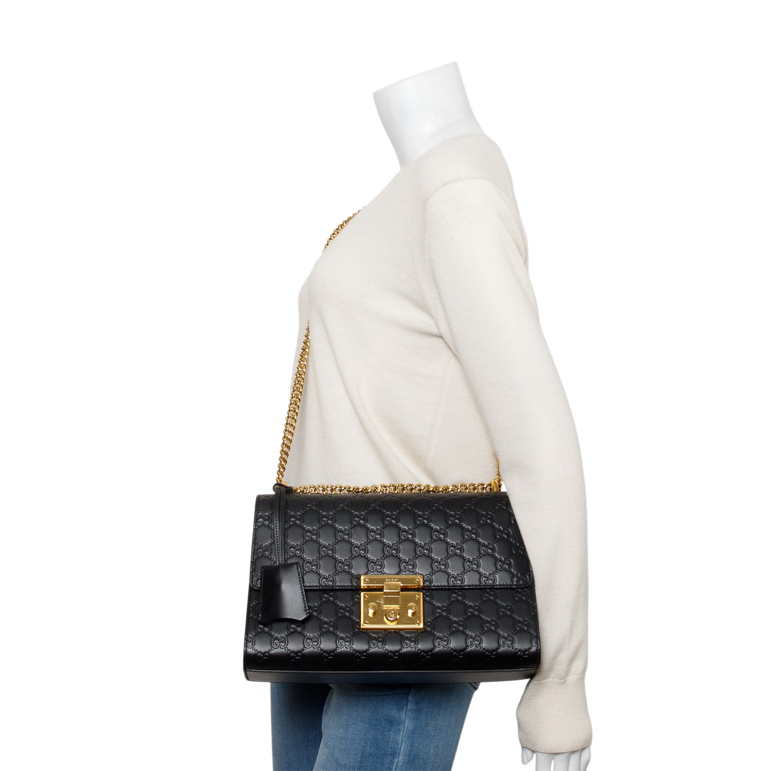 Gucci Black GG Signature Leather Medium Padlock Shoulder Bag