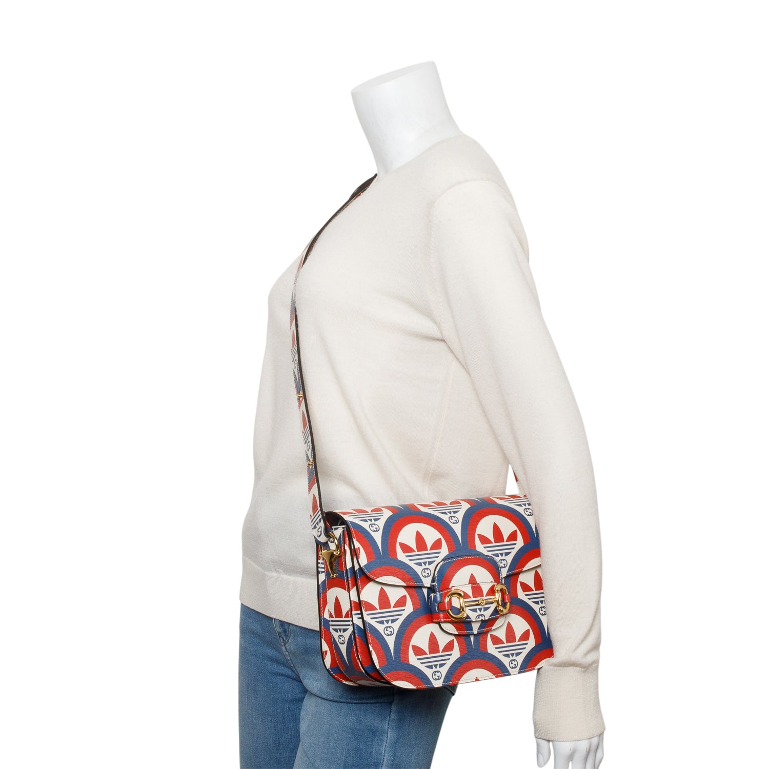 Gucci X Adidas Limited Edition Blue/Red Trefoil Printed Leather Horsebit 1955 Small Shoulder Bag