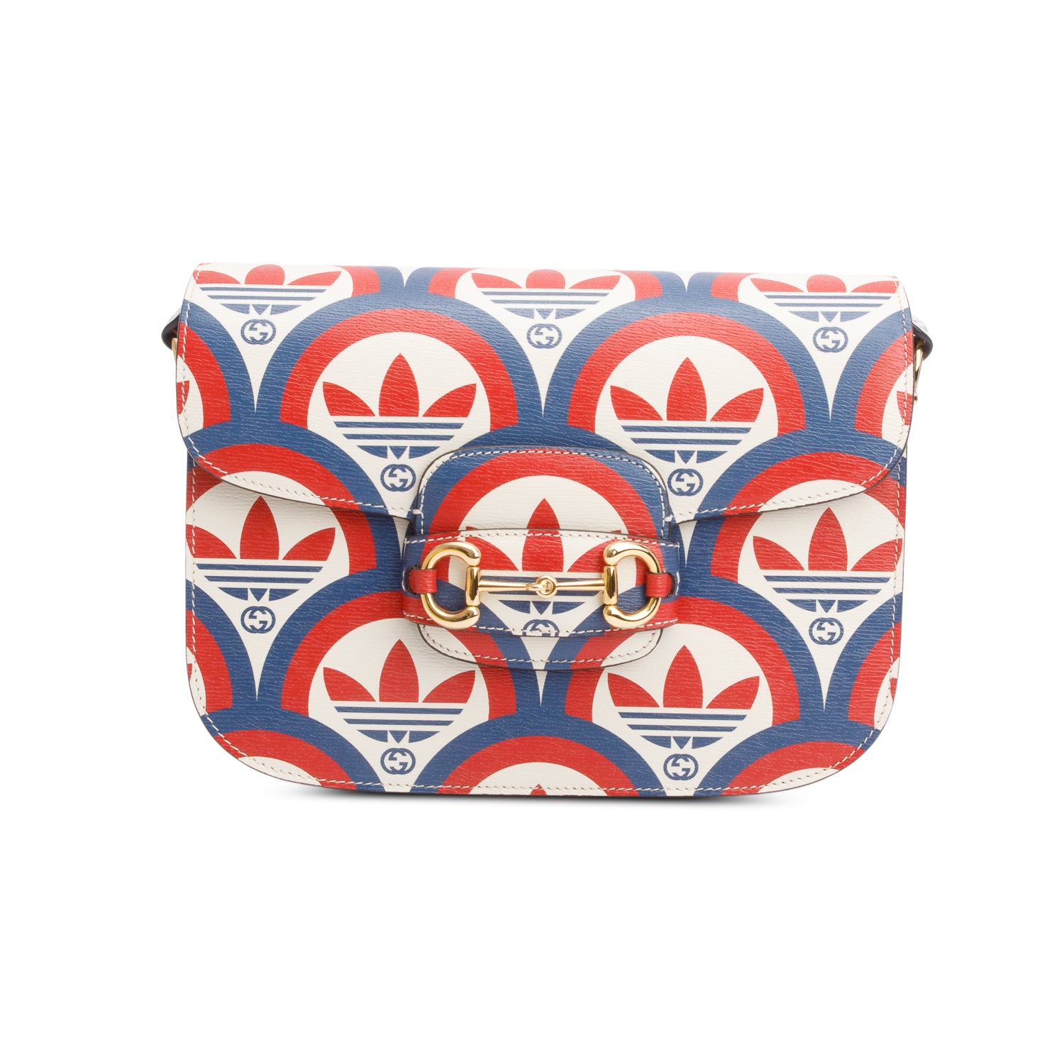 Gucci X Adidas Limited Edition Blue/Red Trefoil Printed Leather Horsebit 1955 Small Shoulder Bag