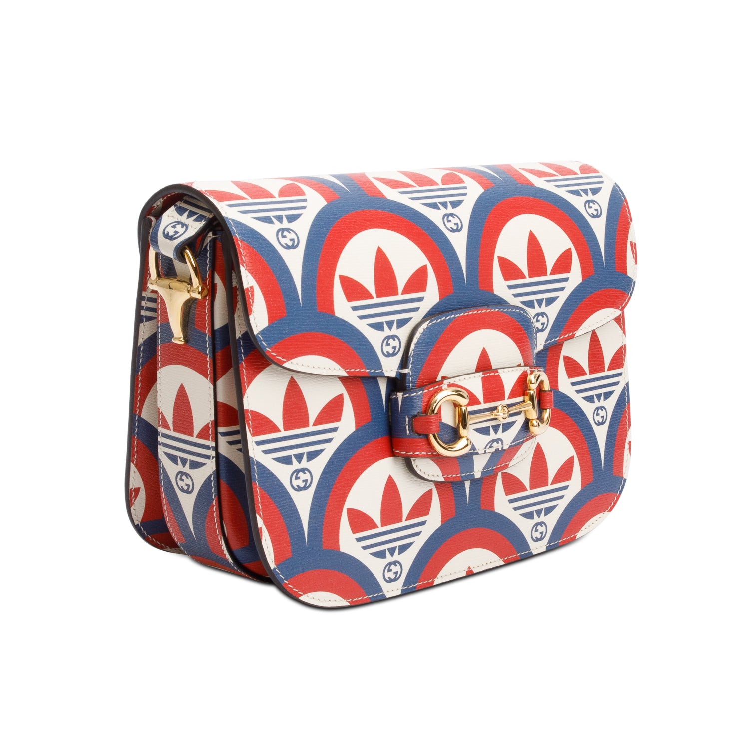 Gucci X Adidas Limited Edition Blue/Red Trefoil Printed Leather Horsebit 1955 Small Shoulder Bag