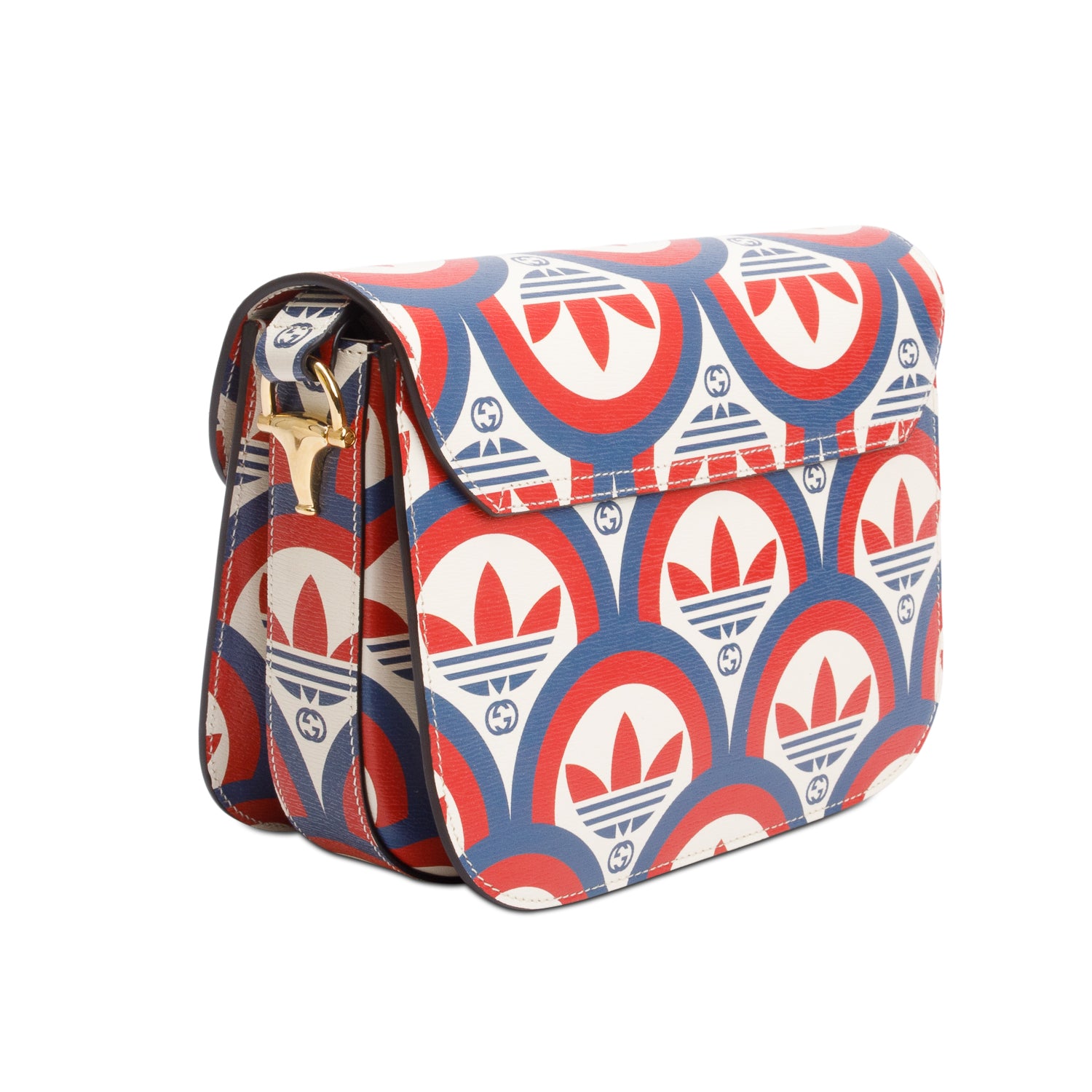 Gucci X Adidas Limited Edition Blue/Red Trefoil Printed Leather Horsebit 1955 Small Shoulder Bag