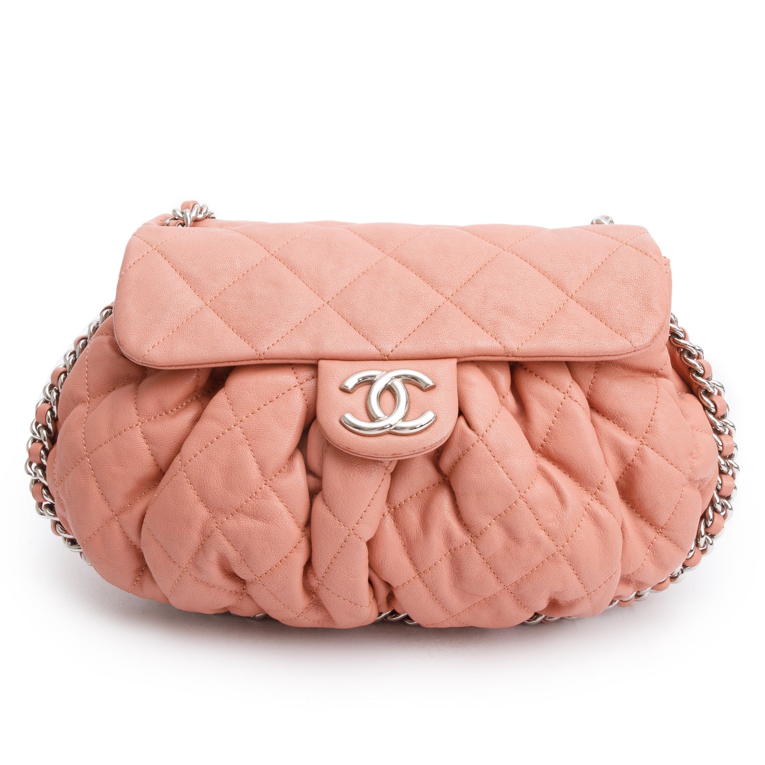 Chanel Pink Quilted Calfskin Leather Medium Chain Around Flap Bag w/ Authenticity Card