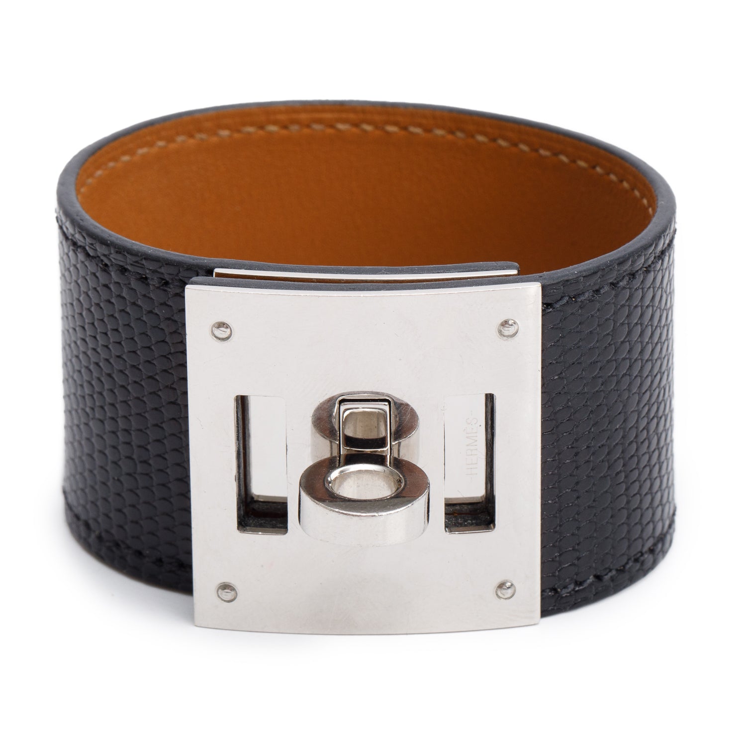 Hermes Palladium-Plated Black Lizard Kelly Dog Bracelet, Size T2