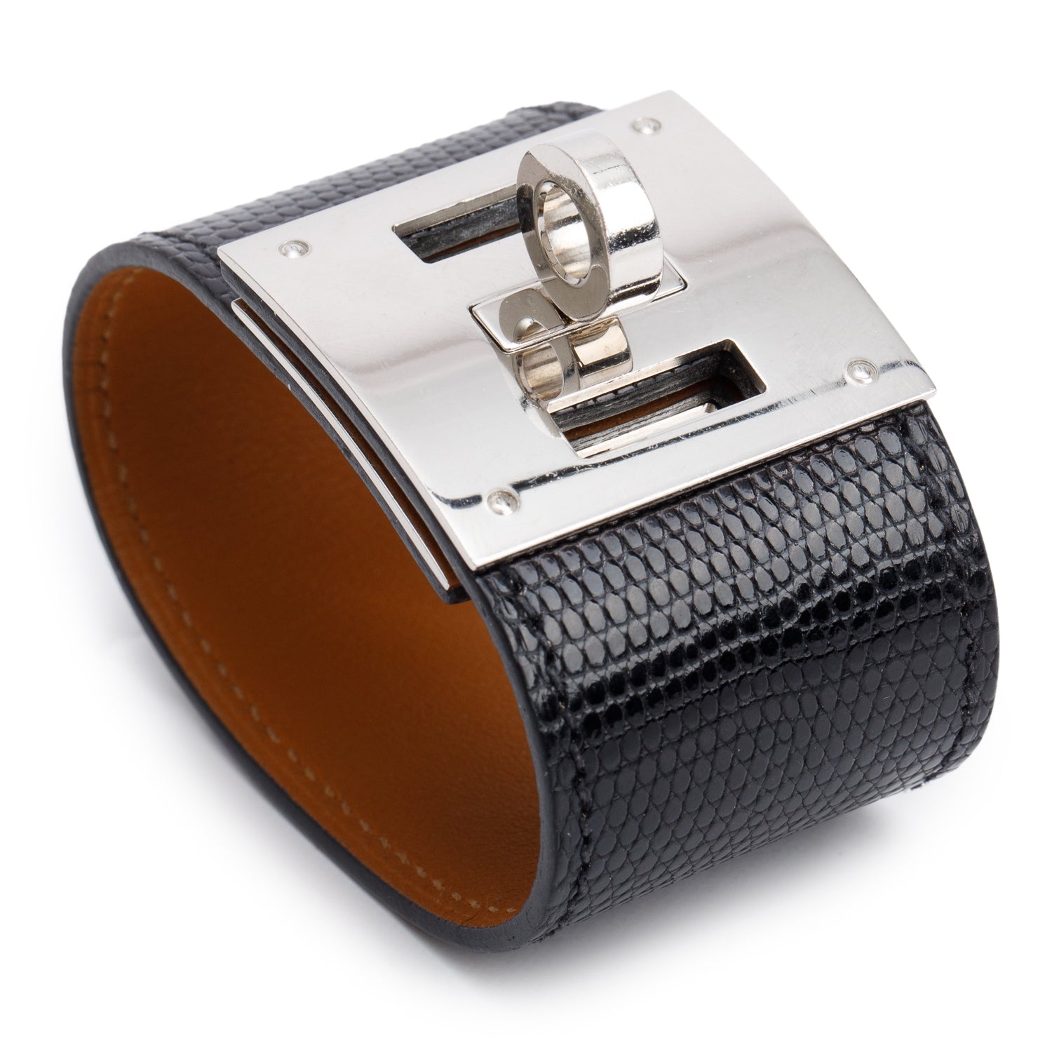 Hermes Palladium-Plated Black Lizard Kelly Dog Bracelet, Size T2