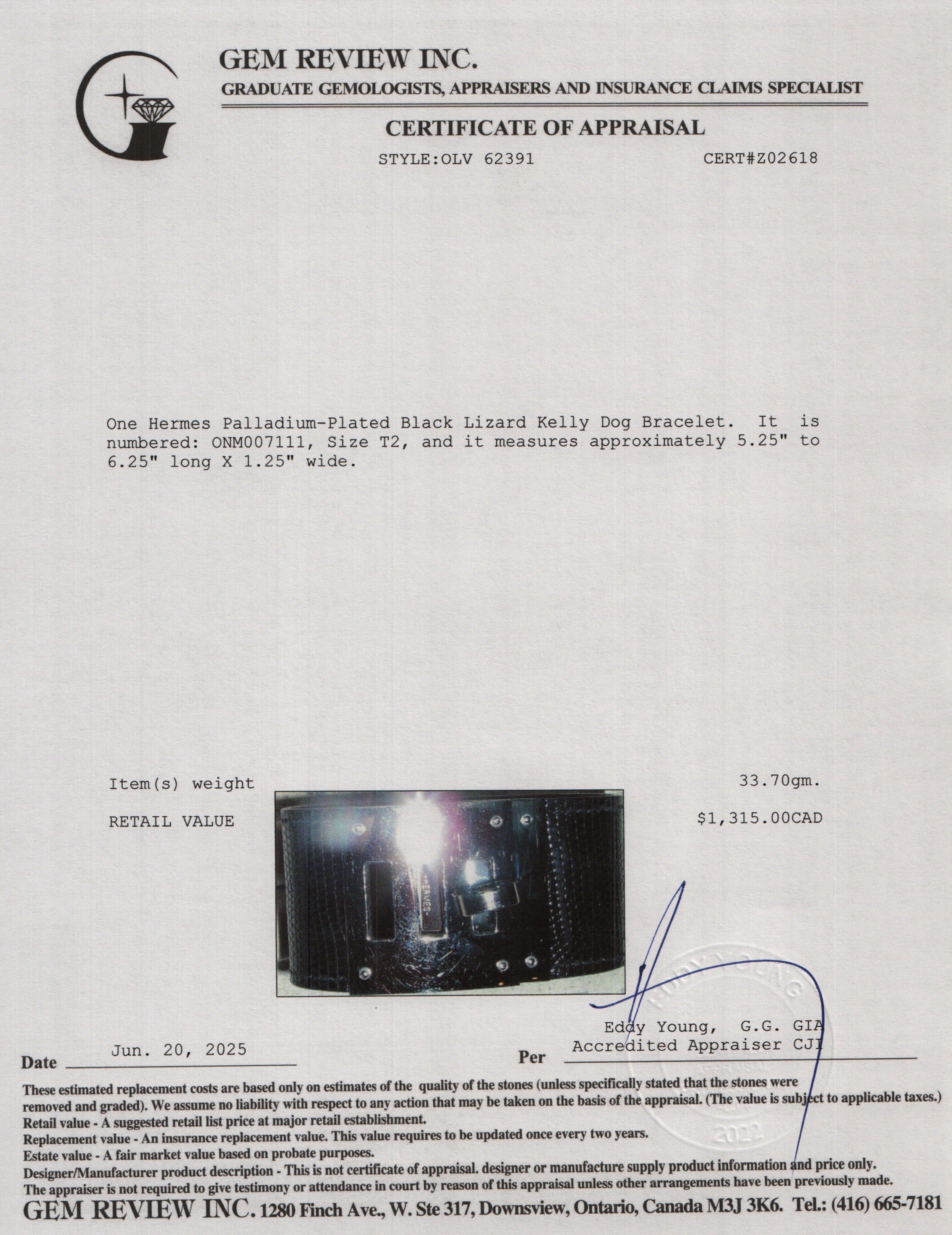 Hermes Palladium-Plated Black Lizard Kelly Dog Bracelet, Size T2