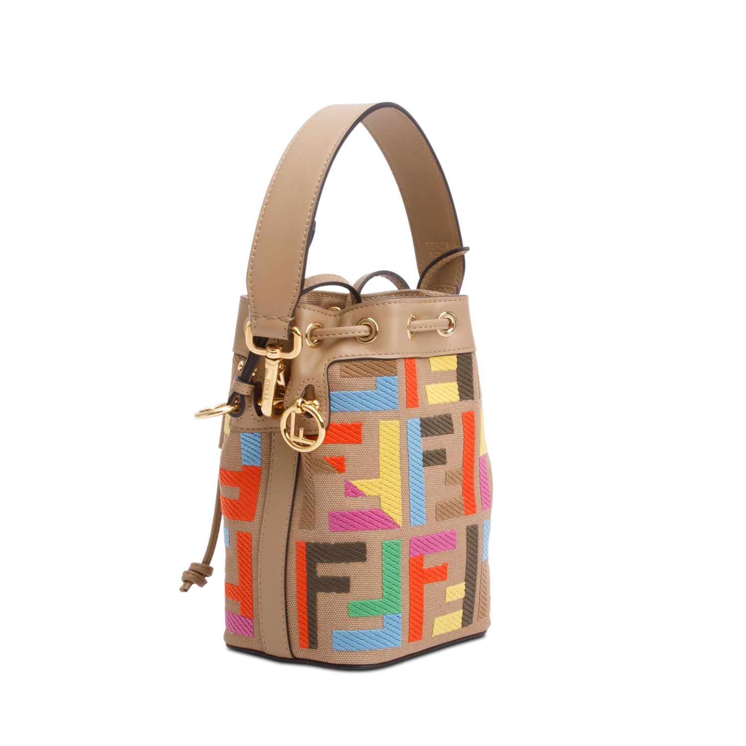 Fendi Beige/Multicolor FF Embroidered Canvas F is Fendi Mini Mon Tresor Bucket Bag w/ Strap