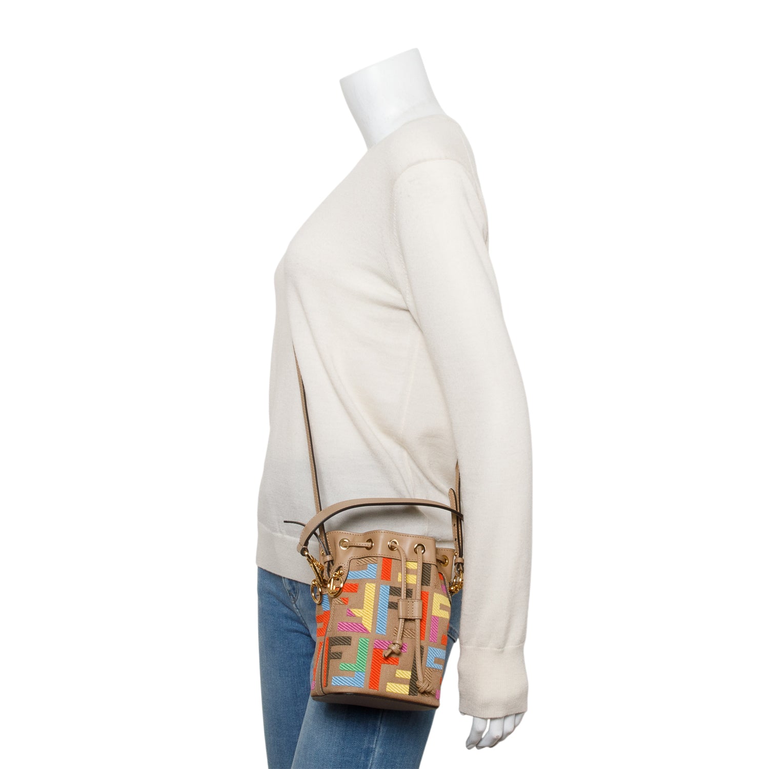 Fendi Beige/Multicolor FF Embroidered Canvas F is Fendi Mini Mon Tresor Bucket Bag w/ Strap