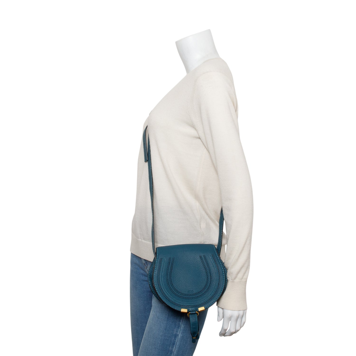 Chloe Teal Calfskin Leather Small Marcie Crossbody Bag