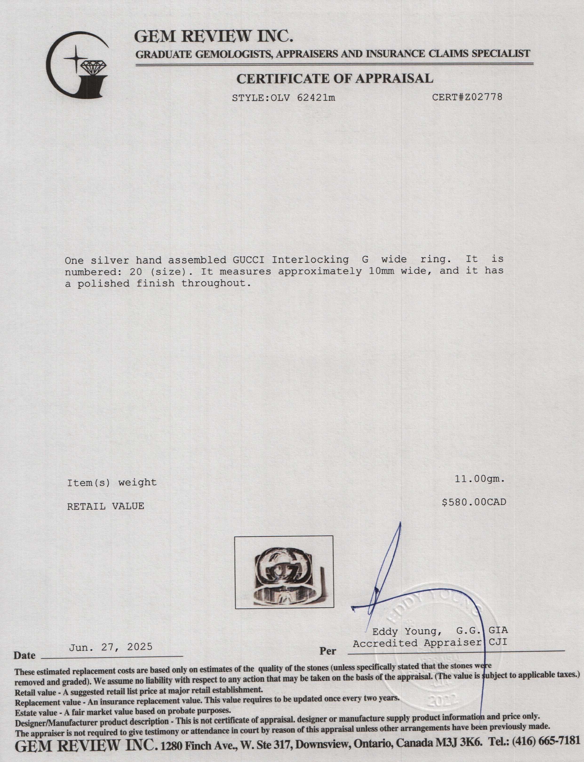 Gucci Sterling Silver Interlocking G Wide Ring, Size 20 9