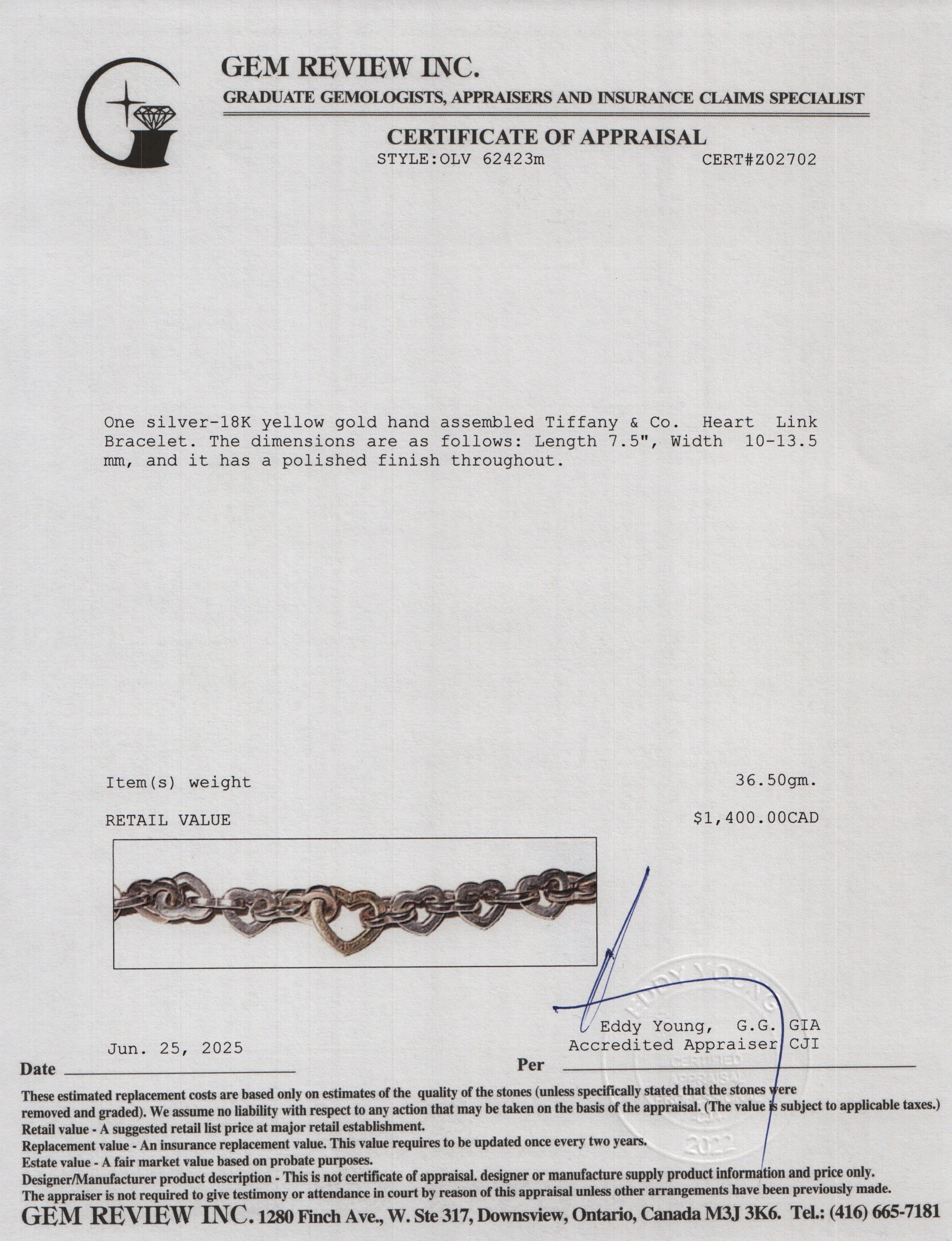 Tiffany & Co. Sterling Silver & 18k Yellow Gold Heart Link Bracelet