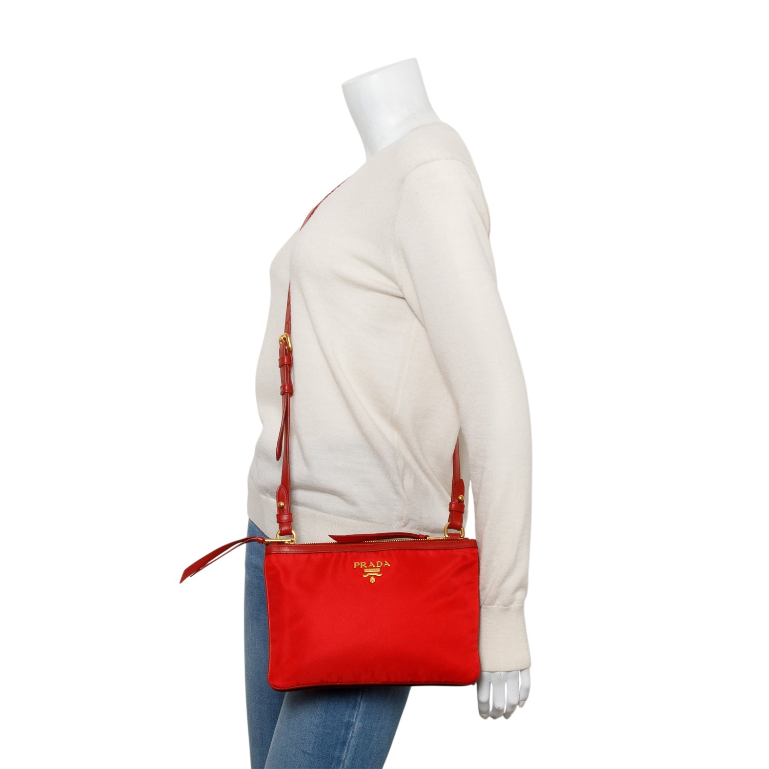 Prada Red Soft Calf Leather Tessuto Nylon Small Double Zip Crossbody Bag w/ Authenticity Card