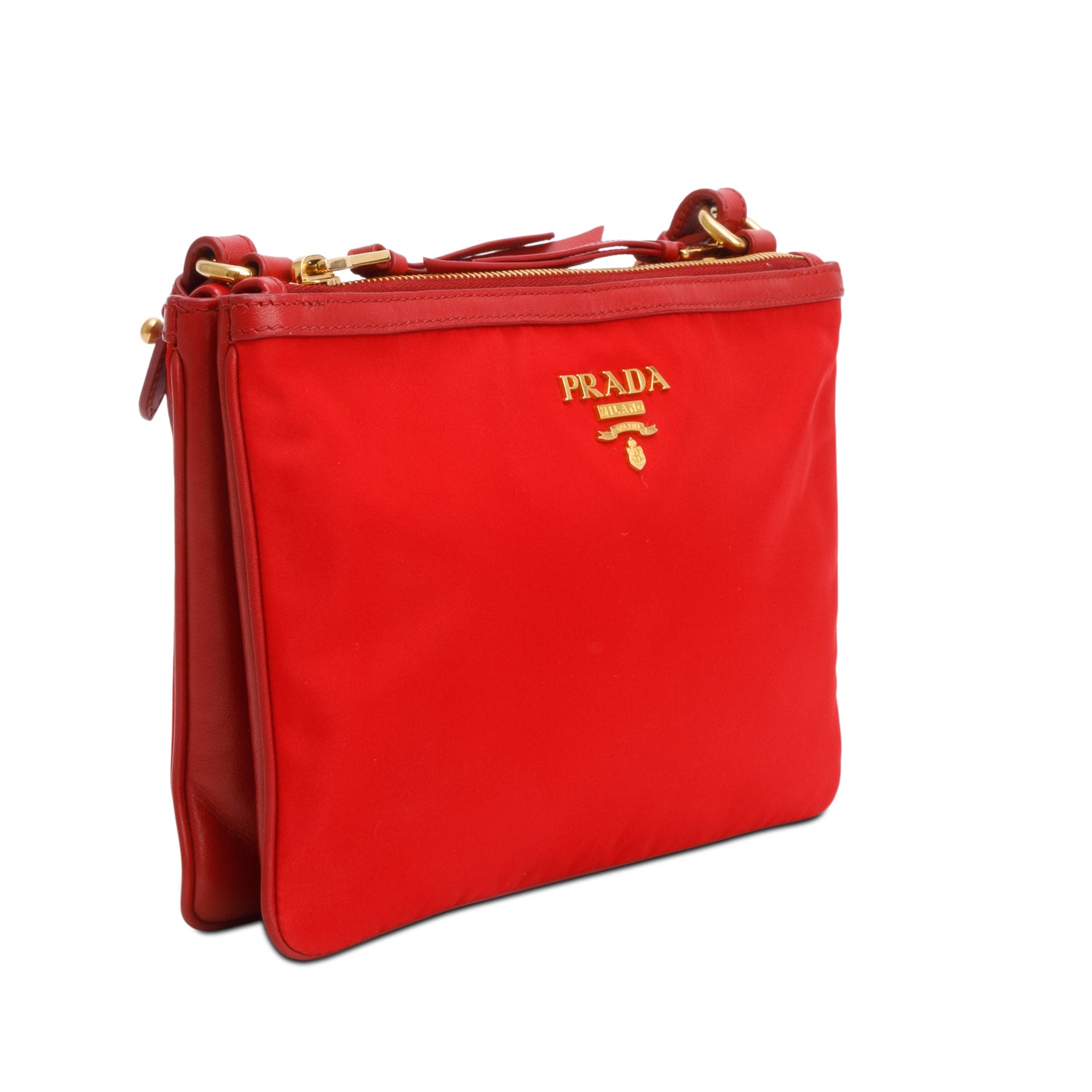 Prada Red Soft Calf Leather Tessuto Nylon Small Double Zip Crossbody Bag w/ Authenticity Card