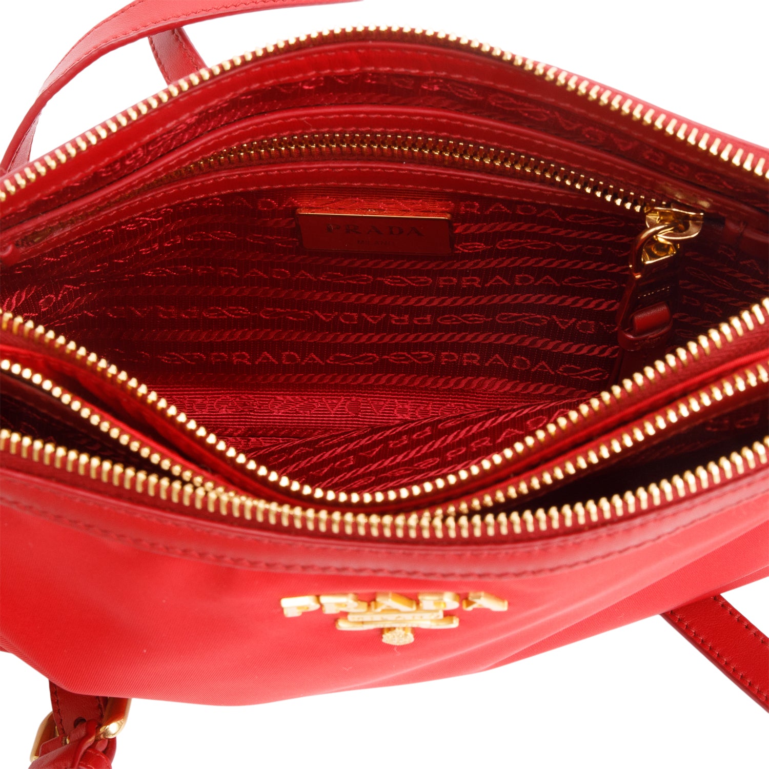 Prada Red Soft Calf Leather Tessuto Nylon Small Double Zip Crossbody Bag w/ Authenticity Card