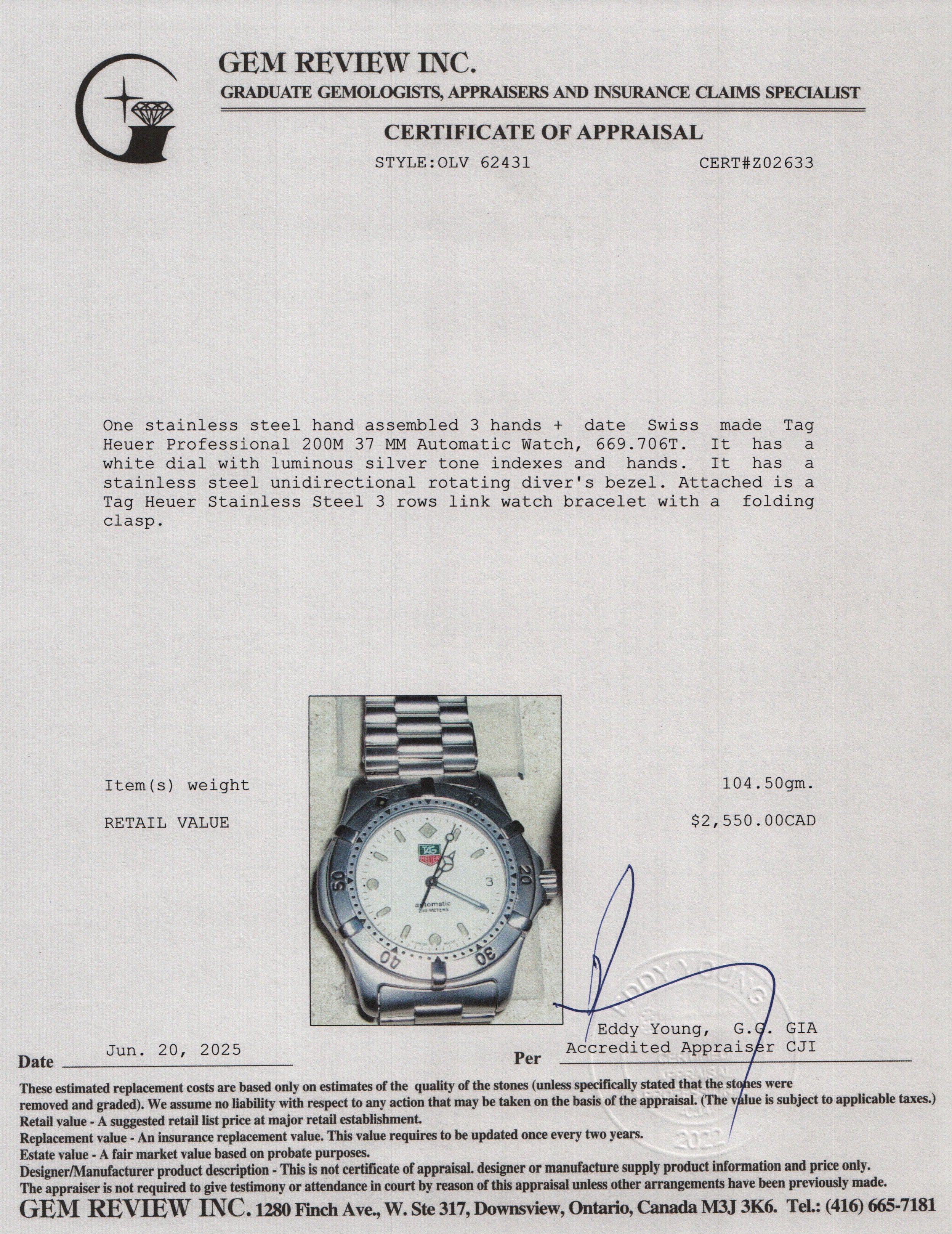 Tag Heuer Stainless Steel Professional 200M 37 MM Automatic Watch 669.706