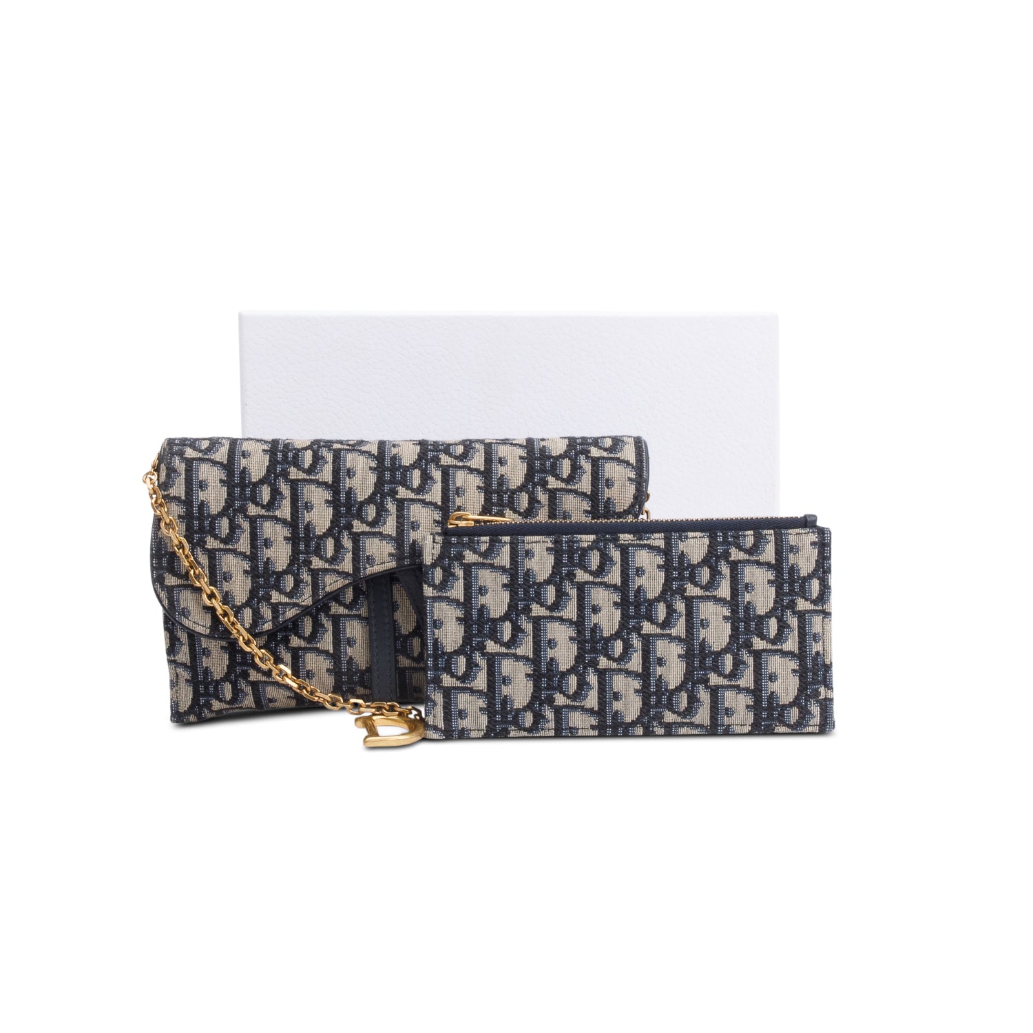 Christian Dior Oblique Jacquard Saddle Pouch with Chain w/ Box, Receipt, Strap & Pouch