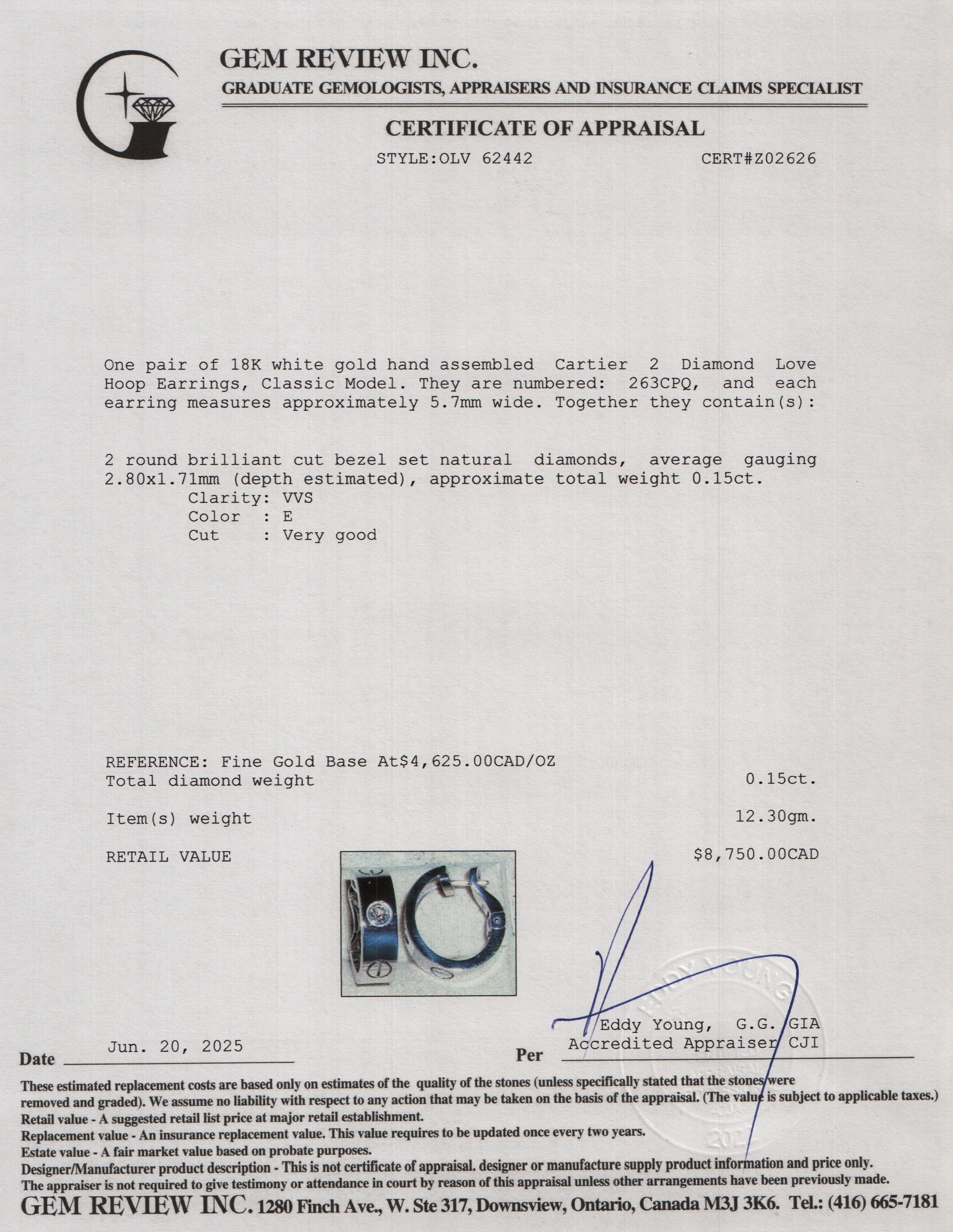 Cartier 2025 18k White Gold 2 Diamond Love Hoop Earrings, Classic Model w/ Receipt & Certificate