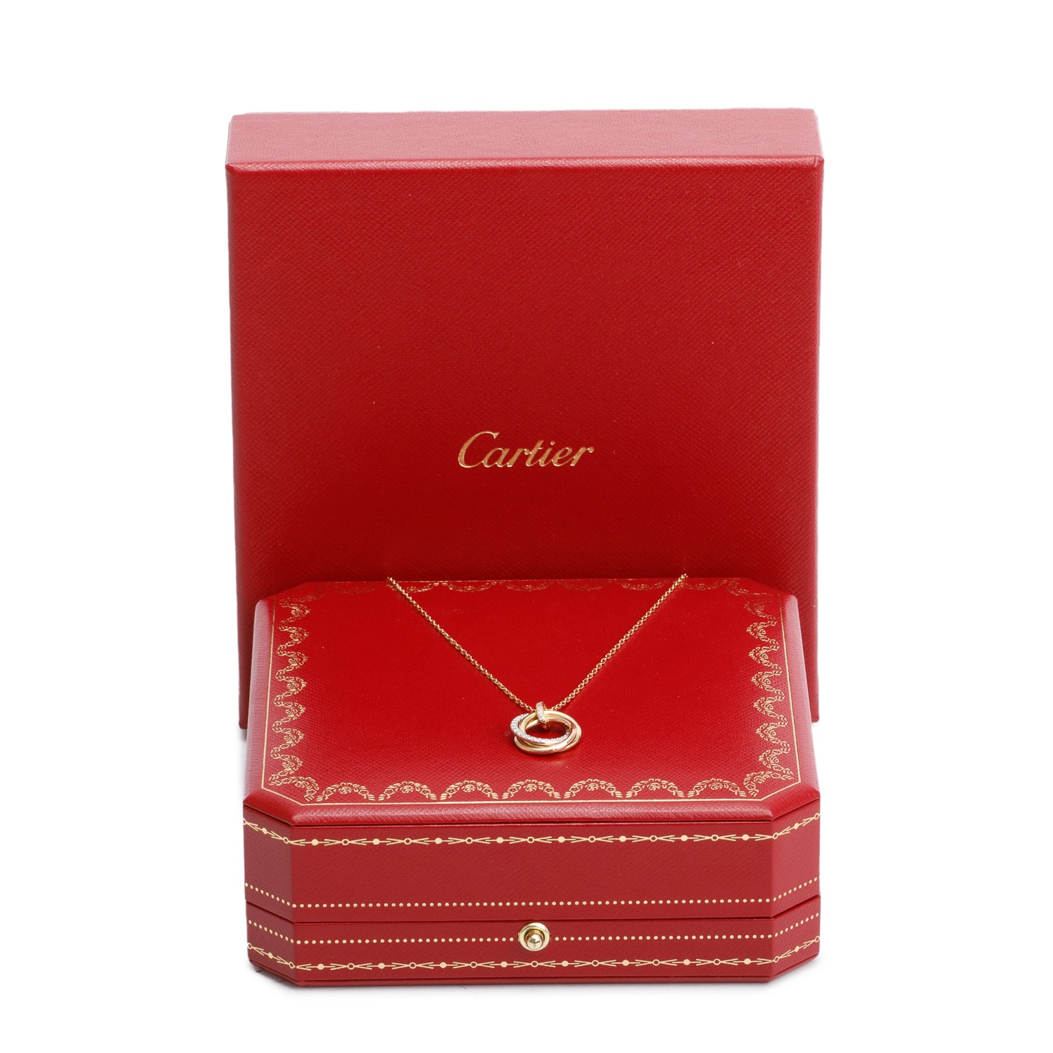 Cartier 18k Yellow, White & Rose Gold Half Paved Diamond Trinity Pendant Necklace, Small Model w/ Box