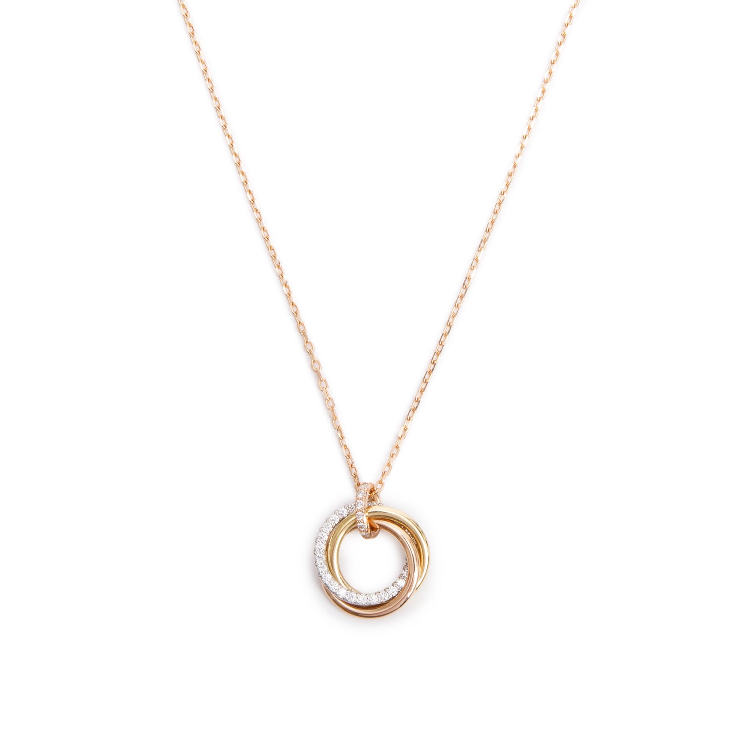 Cartier 18k Yellow, White & Rose Gold Half Paved Diamond Trinity Pendant Necklace, Small Model w/ Box