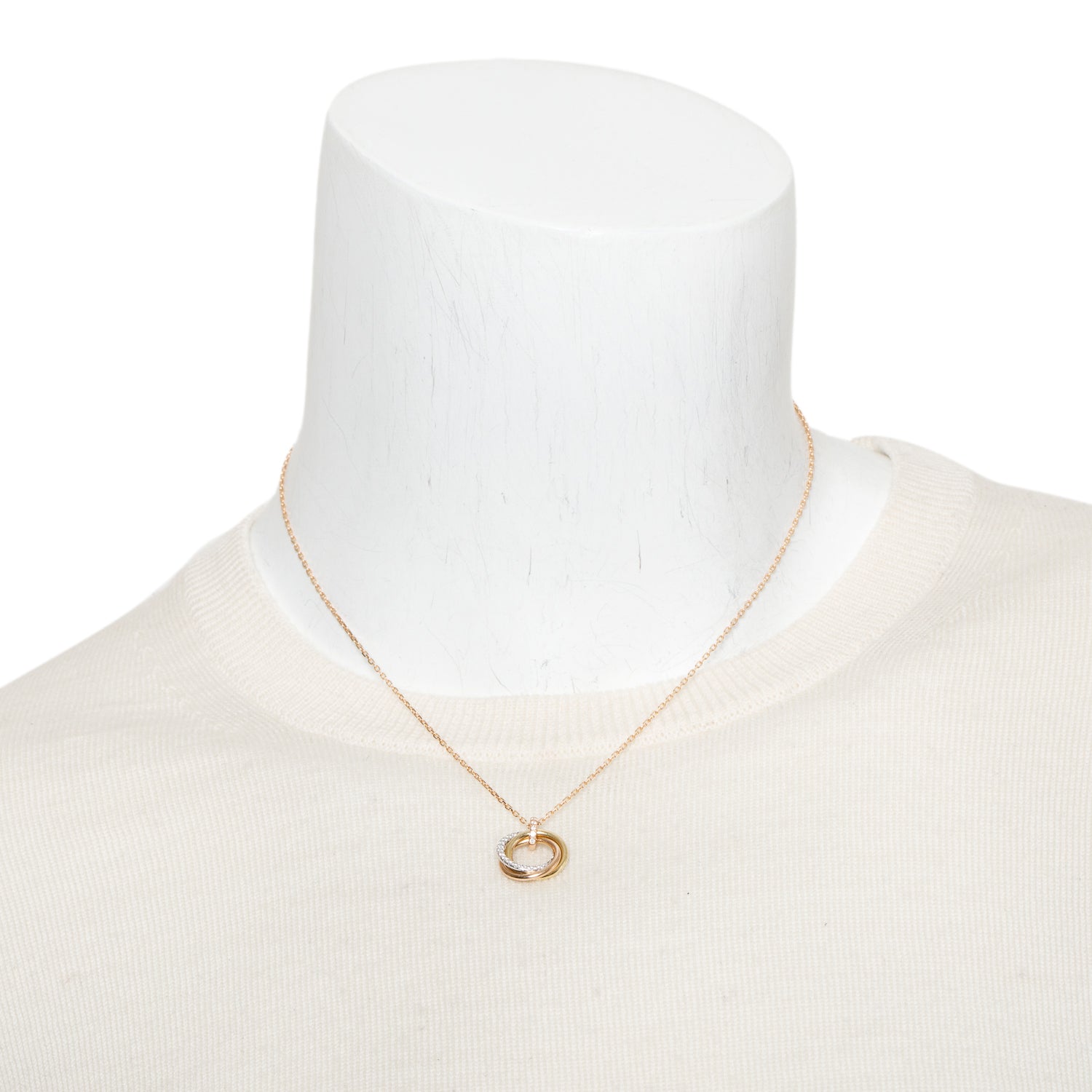 Cartier 18k Yellow, White & Rose Gold Half Paved Diamond Trinity Pendant Necklace, Small Model w/ Box