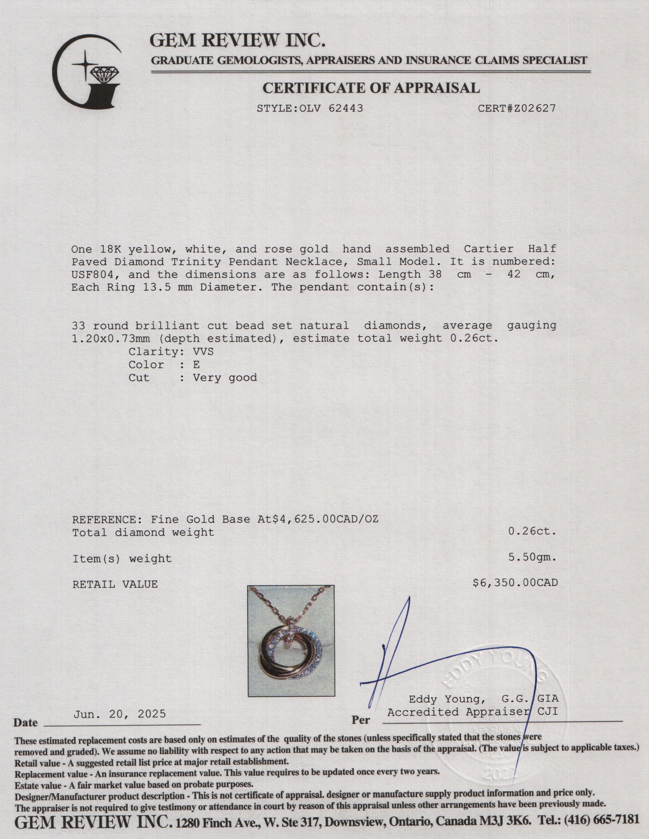 Cartier 18k Yellow, White & Rose Gold Half Paved Diamond Trinity Pendant Necklace, Small Model w/ Box