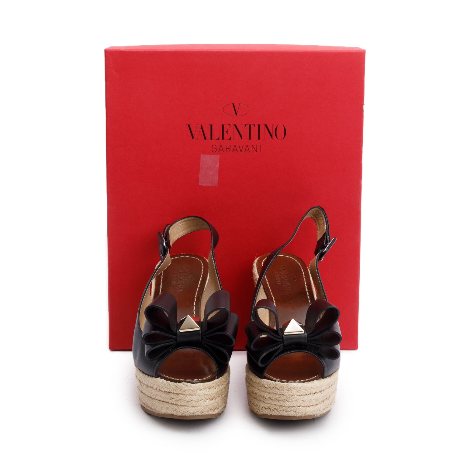Valentino Black Leather Rockstud Bow Peep-Toe Platform Espadrille Sandlas, Size 39.5 w/ Box