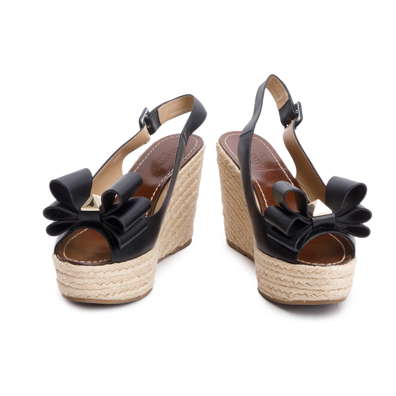 Valentino Black Leather Rockstud Bow Peep-Toe Platform Espadrille Sandlas, Size 39.5 w/ Box