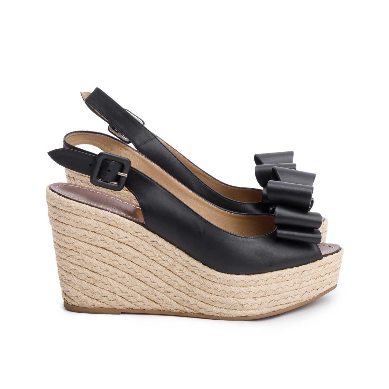 Valentino Black Leather Rockstud Bow Peep-Toe Platform Espadrille Sandlas, Size 39.5 w/ Box