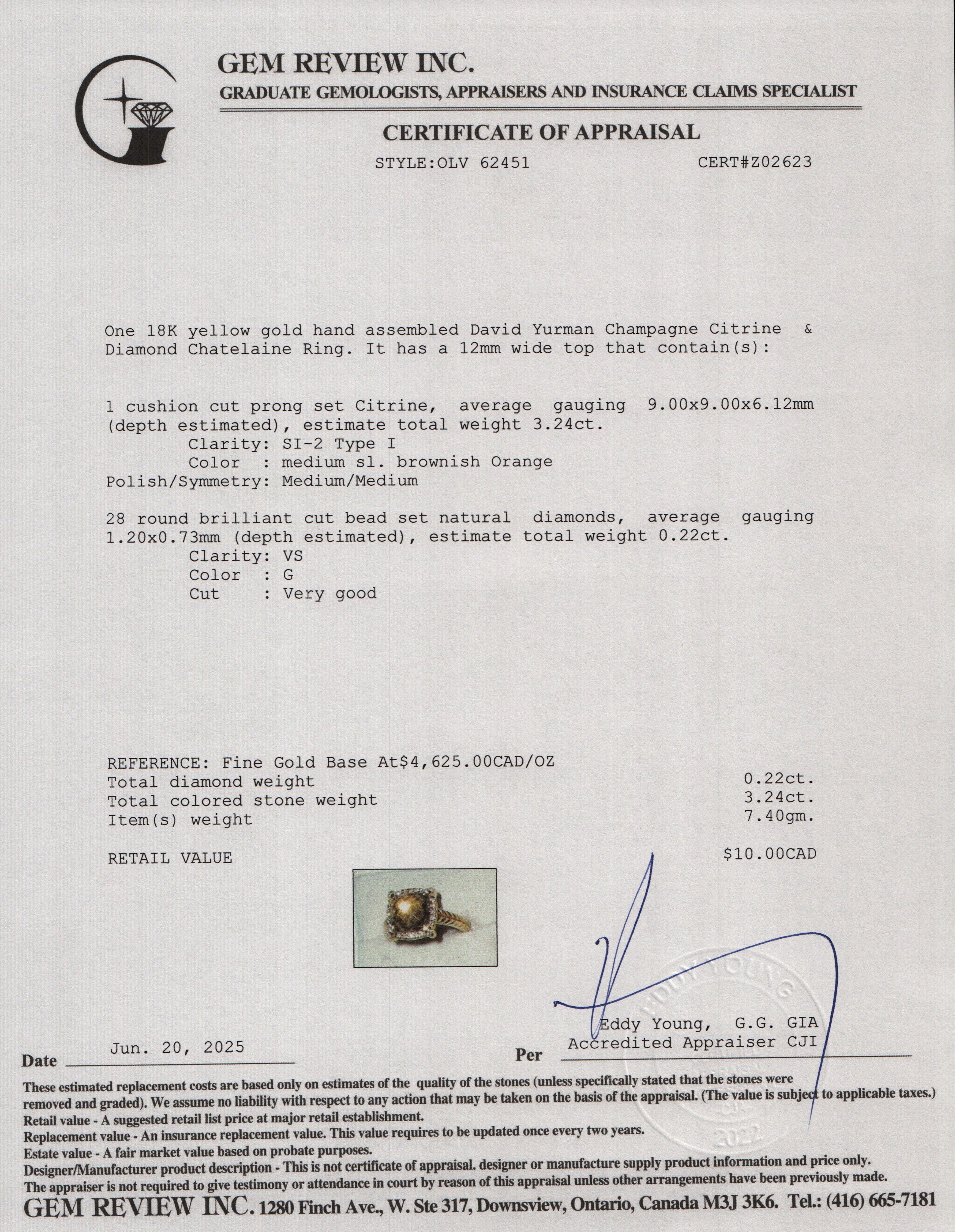 David Yurman 18k Yellow Gold Champagne Citrine & Diamond Chatelaine Ring, Size 5 w/ Box