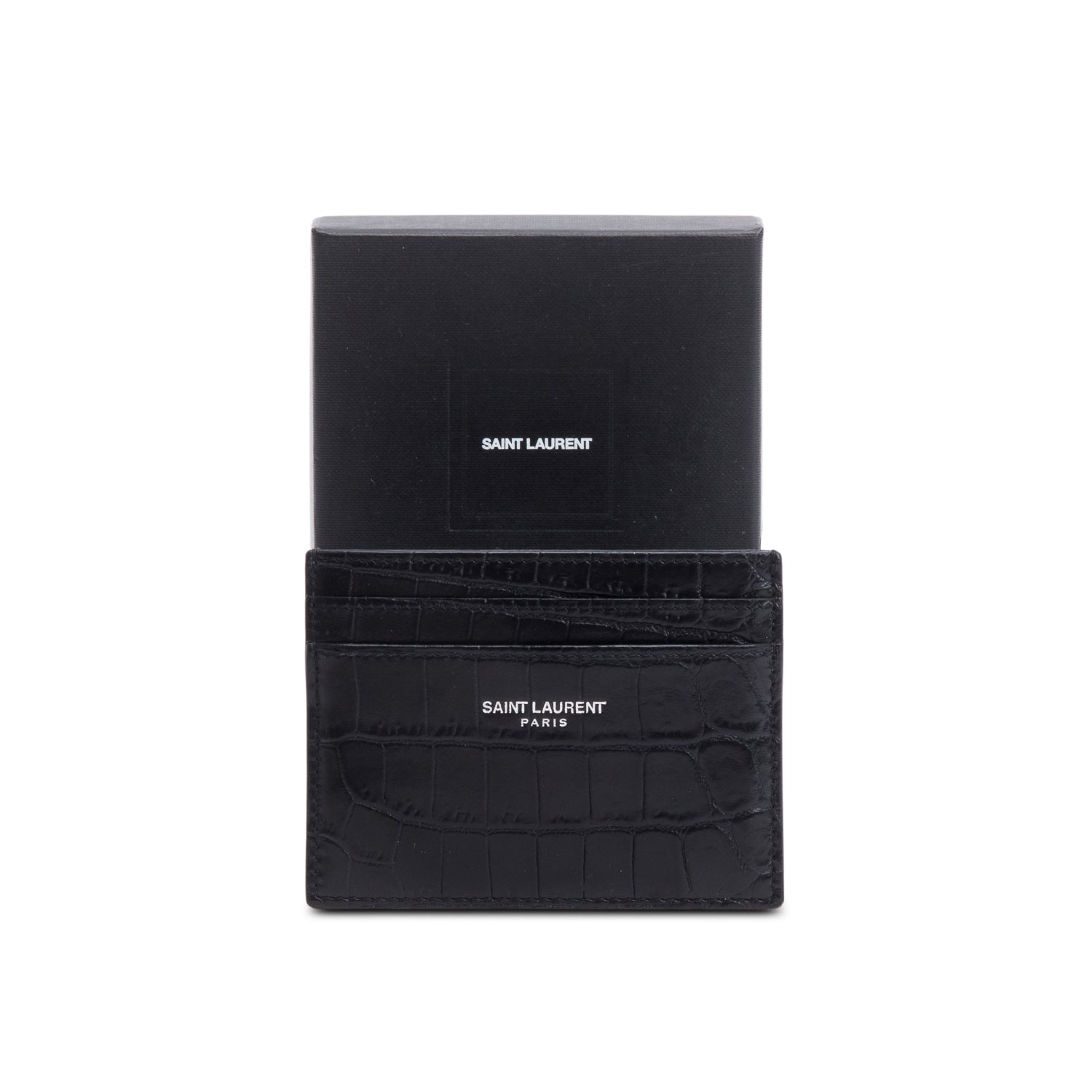 Saint Laurent Black Crocodile Embossed Leather Paris Card Case w/ Box