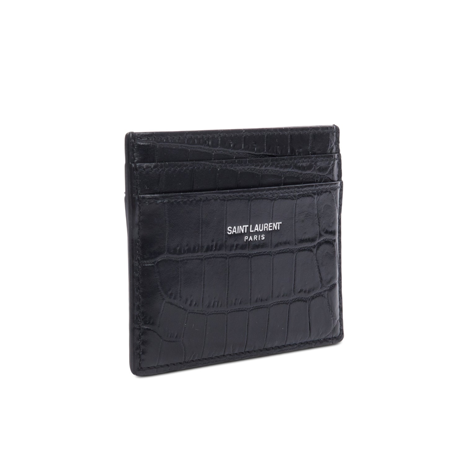 Saint Laurent Black Crocodile Embossed Leather Paris Card Case w/ Box