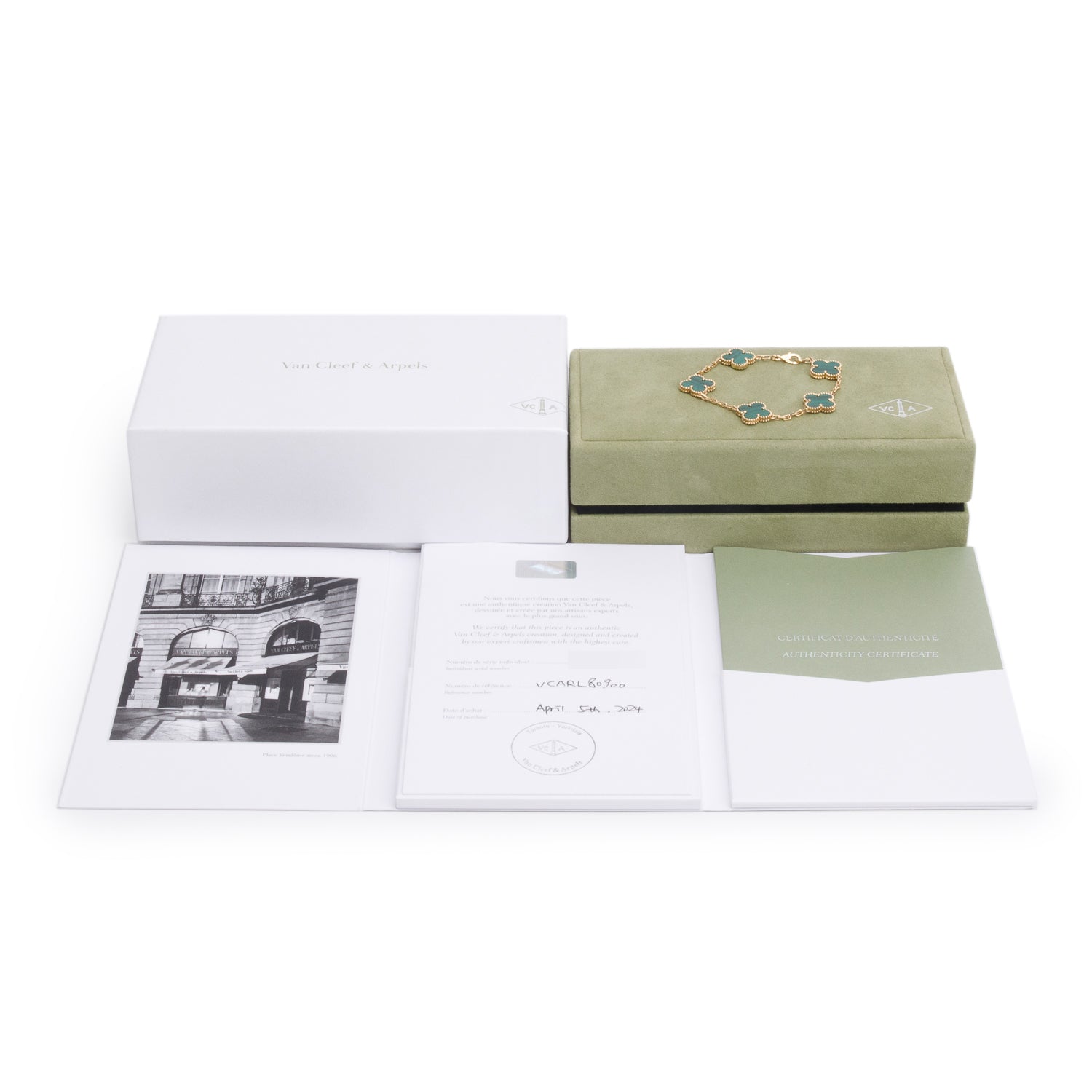 Van Cleef & Arpels 2024 18k Yellow Gold Vintage 5 Motif Malachite Bracelet w/ Box, Receipt & Certificate