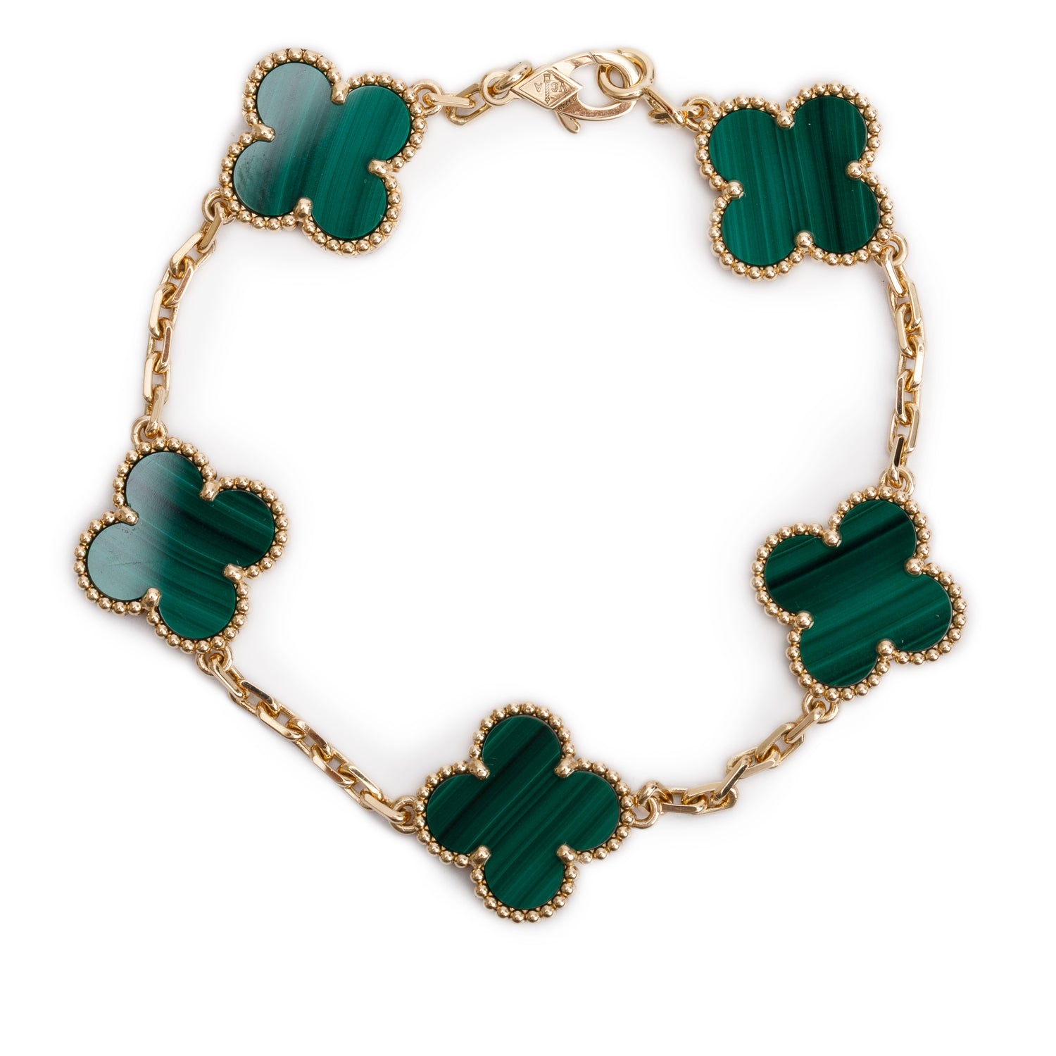 Van Cleef & Arpels 2024 18k Yellow Gold Vintage 5 Motif Malachite Bracelet w/ Box, Receipt & Certificate