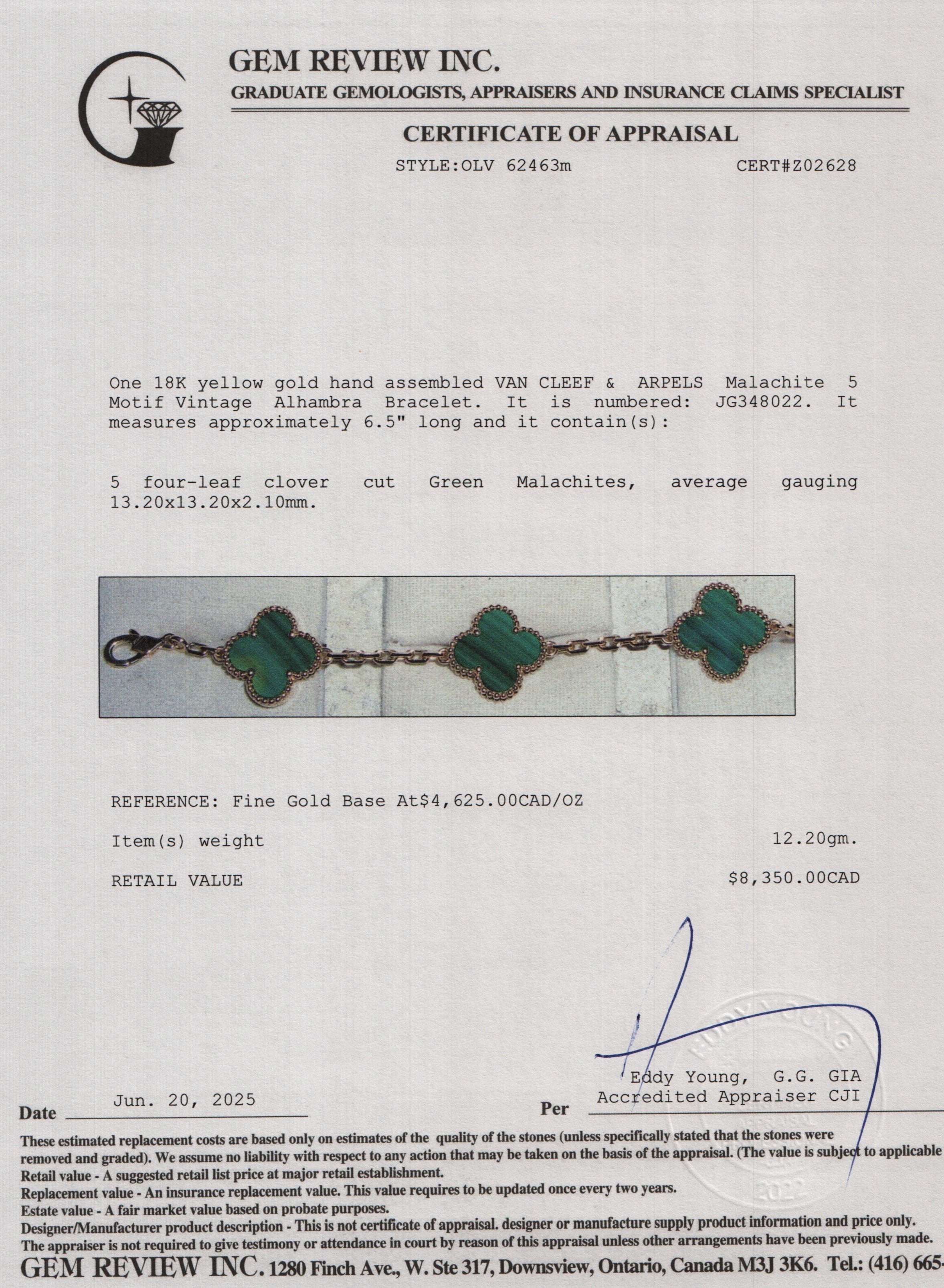 Van Cleef & Arpels 2024 18k Yellow Gold Vintage 5 Motif Malachite Bracelet w/ Box, Receipt & Certificate