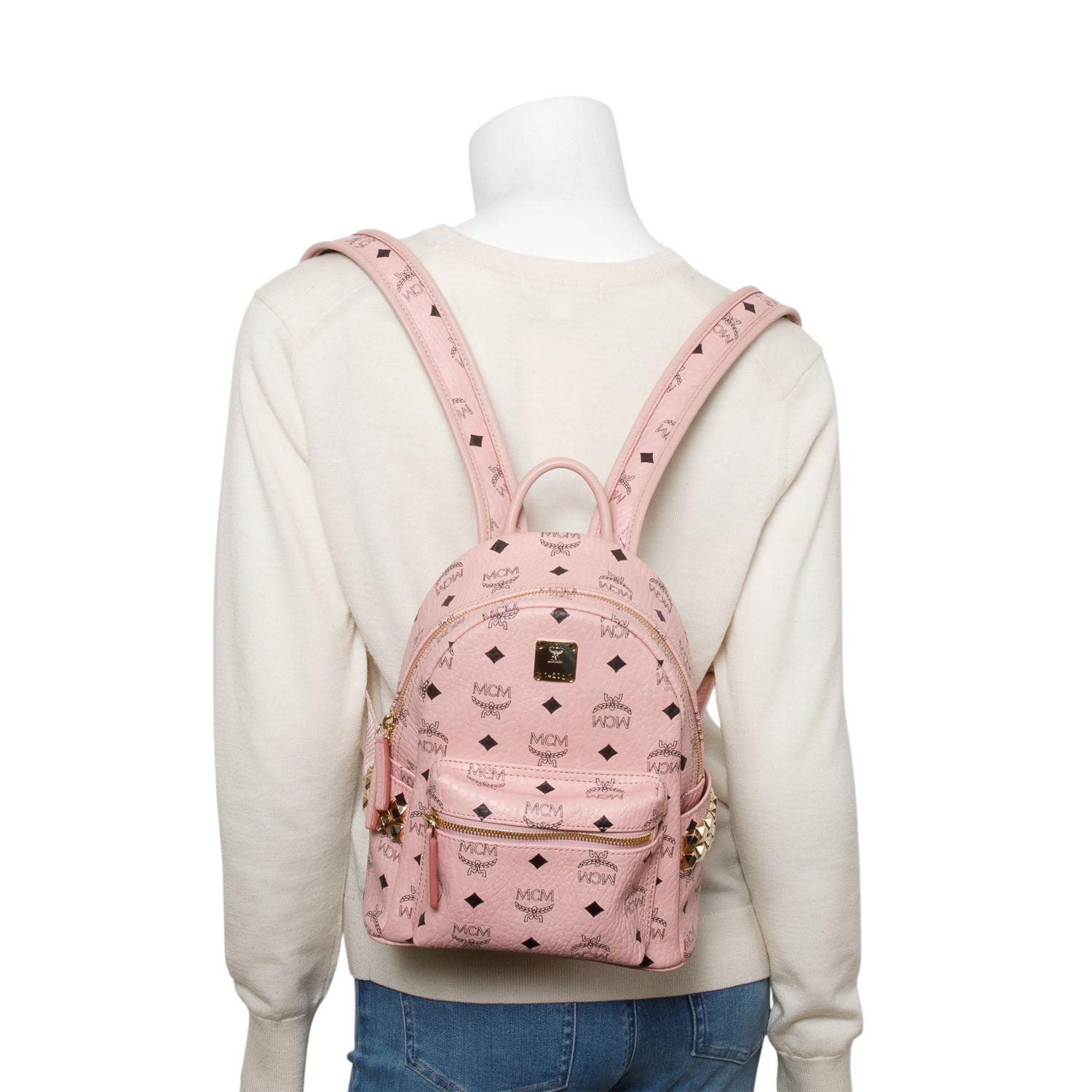 MCM Pink Visetos Side Studs Mini Stark Backpack
