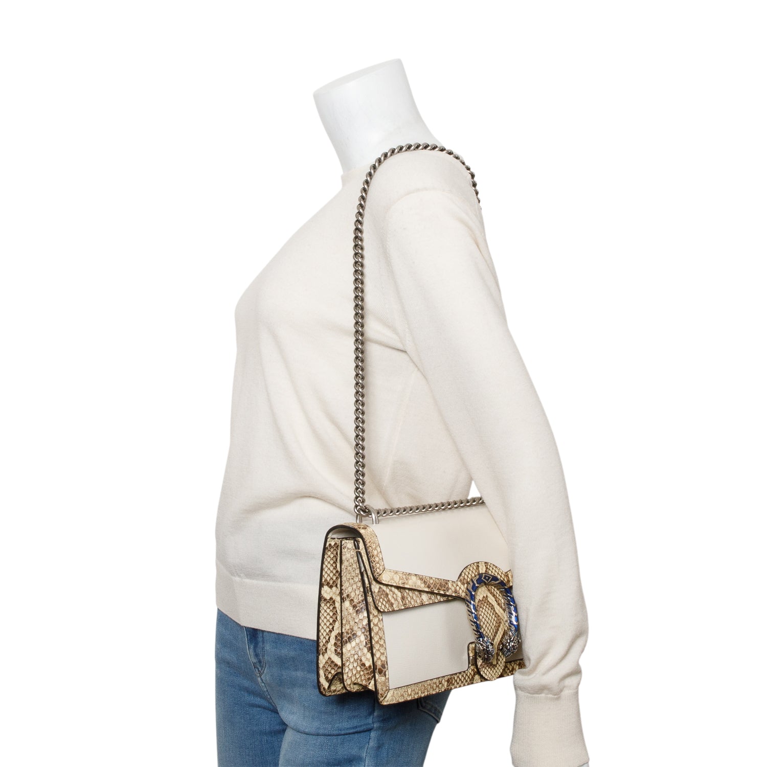 Gucci White Calfskin Leather Python Trim Small Dionysus Shoulder Bag w/ Box