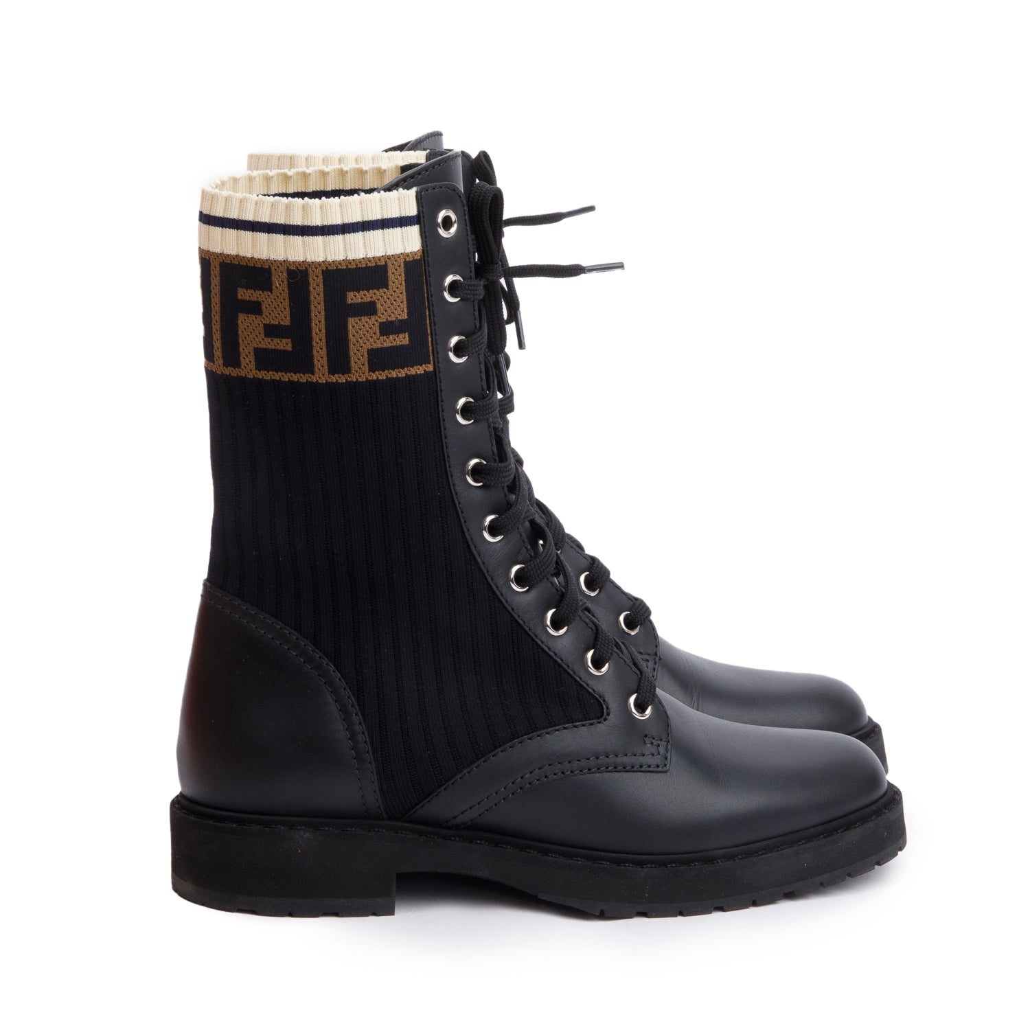 Fendi Black Leather FF Stretch Fabric Rockoko Biker Boots, Size 38 w/ Box