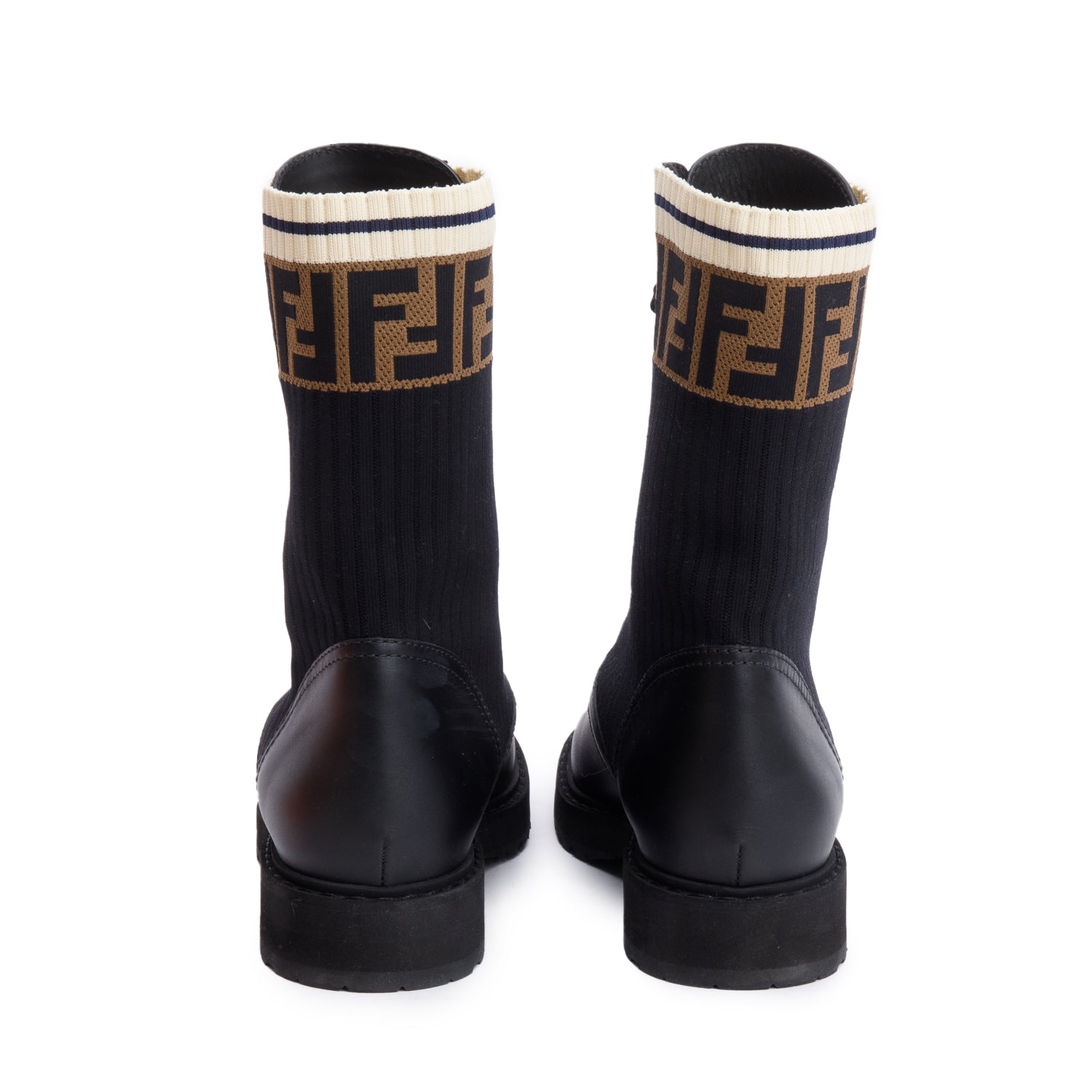 Fendi Black Leather FF Stretch Fabric Rockoko Biker Boots, Size 38 w/ Box