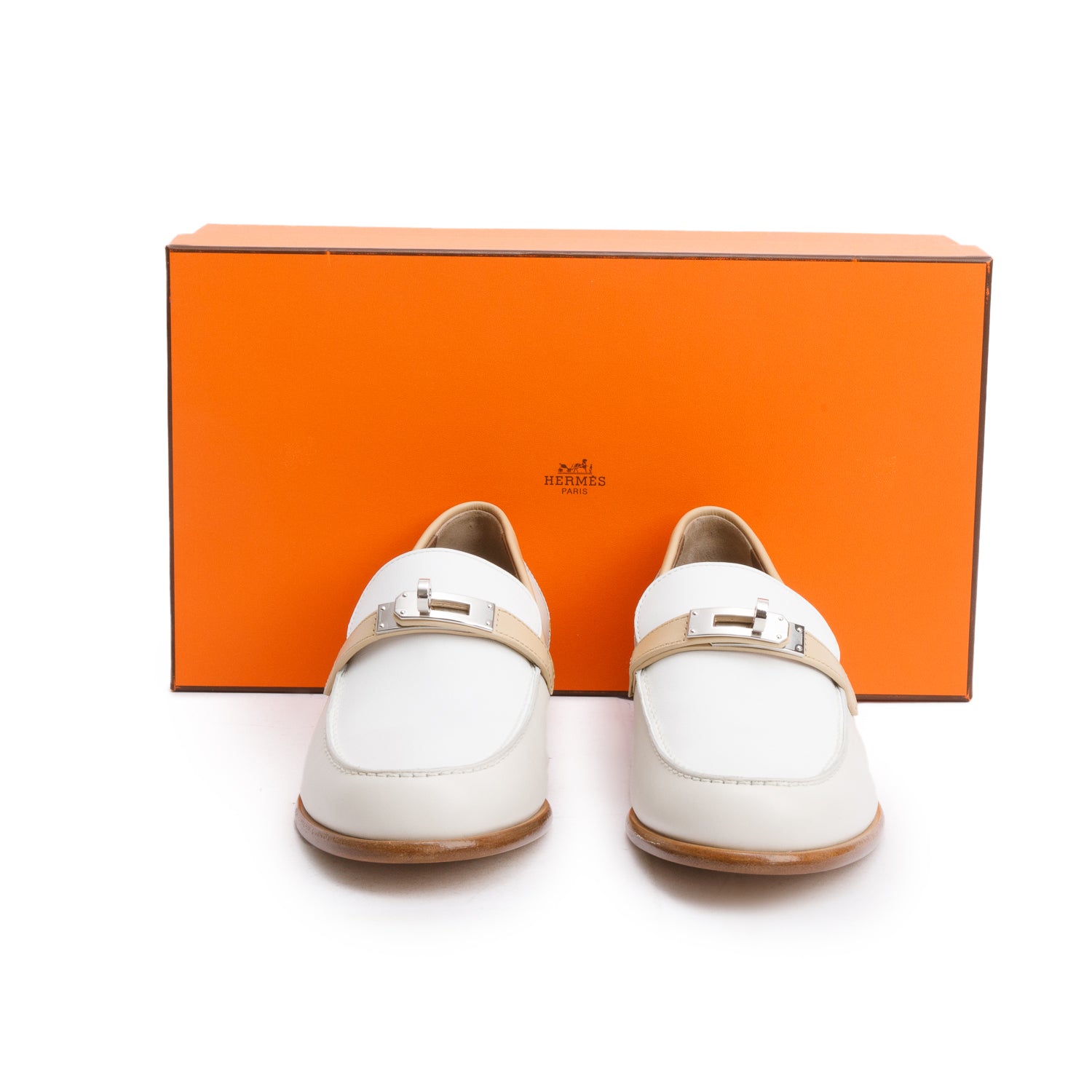 Hermes Blanc/Beige Calfskin Leather Destin Loafer, Size 39.5 w/ Box