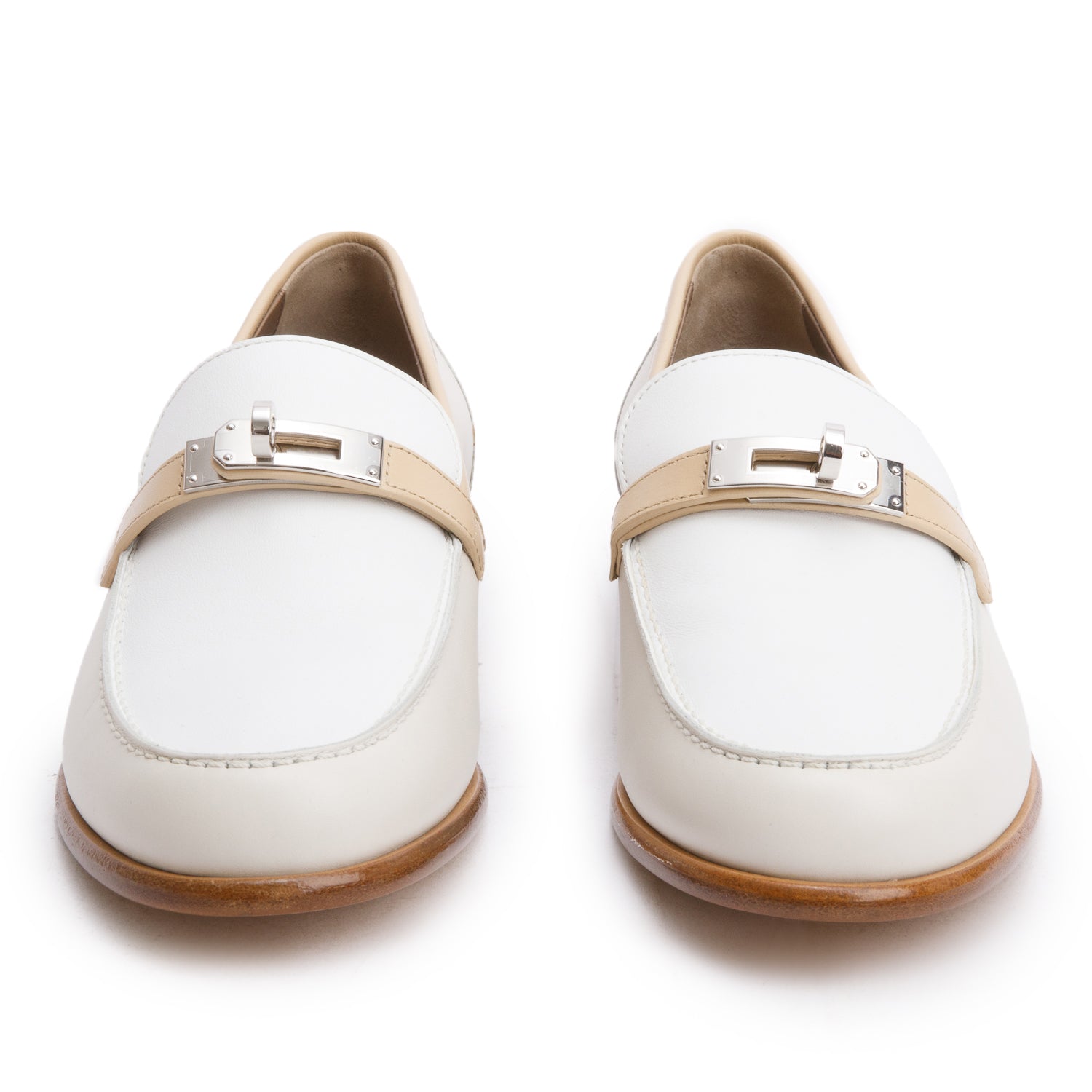 Hermes Blanc/Beige Calfskin Leather Destin Loafer, Size 39.5 w/ Box