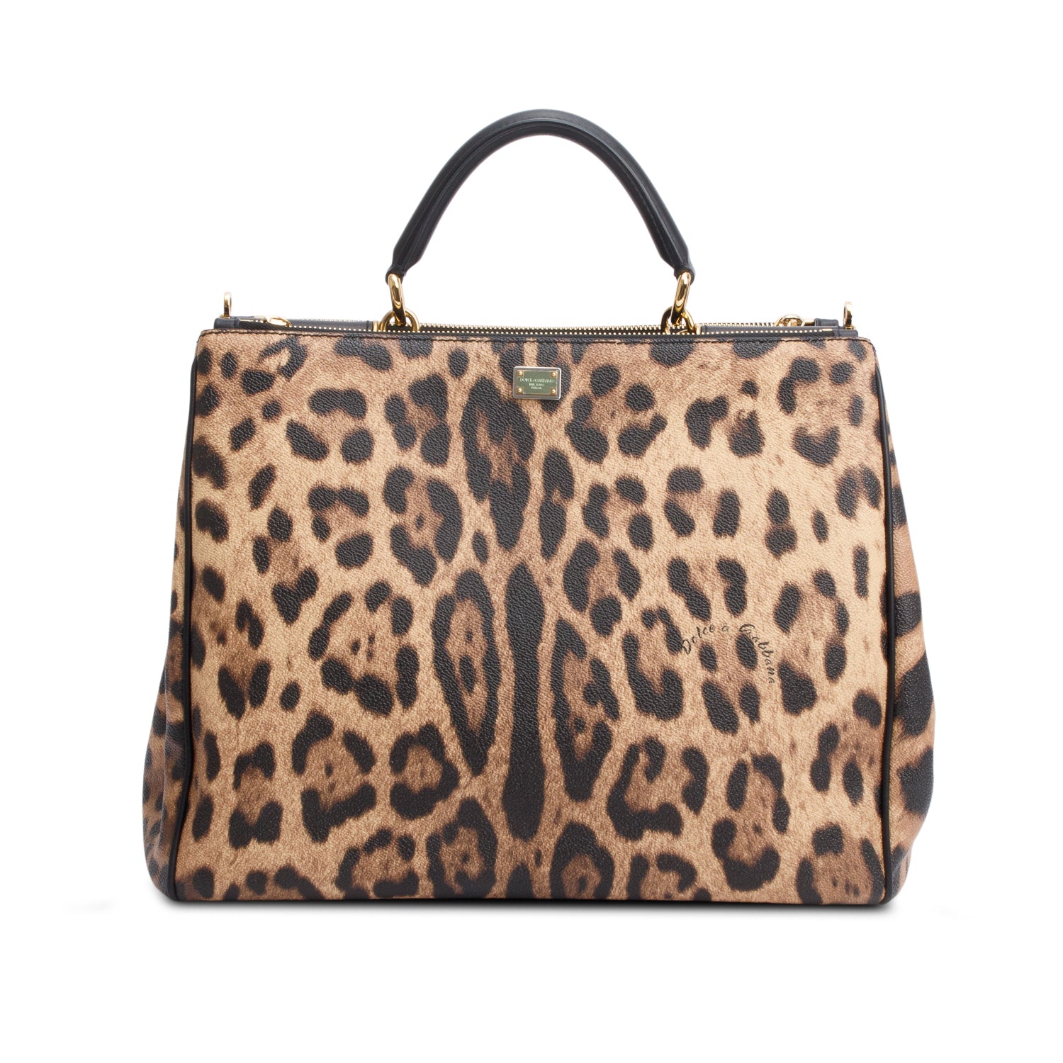 Dolce & Gabbana Leopard Print Leather Large Miss Sicily Double Zip Bag w/ Strap & Authenticity Card